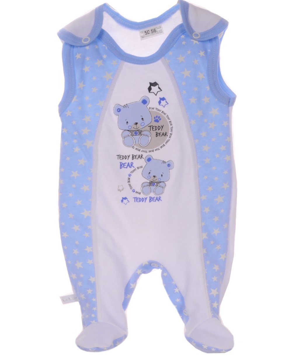La Bortini Strampler Baby Stramplerhose in Weiß Blau mit Sternchen und Bär aus reienr Baumwolle, 44 50 56 62 68 74