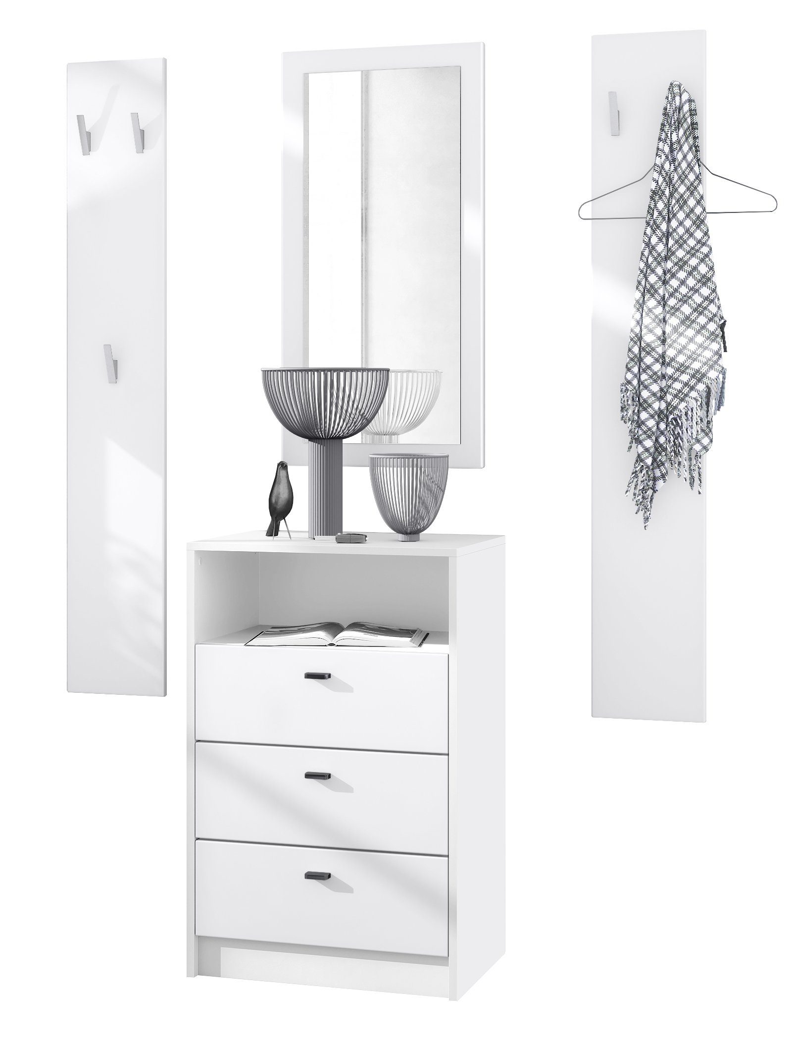 Vladon Garderoben-Set Pino, (Garderobenset bestehend aus 1 Kommode, 1  Wandspiegel und 2 Garderobenpaneele), Weiß matt (ca. 135 x 190 x 36 cm)