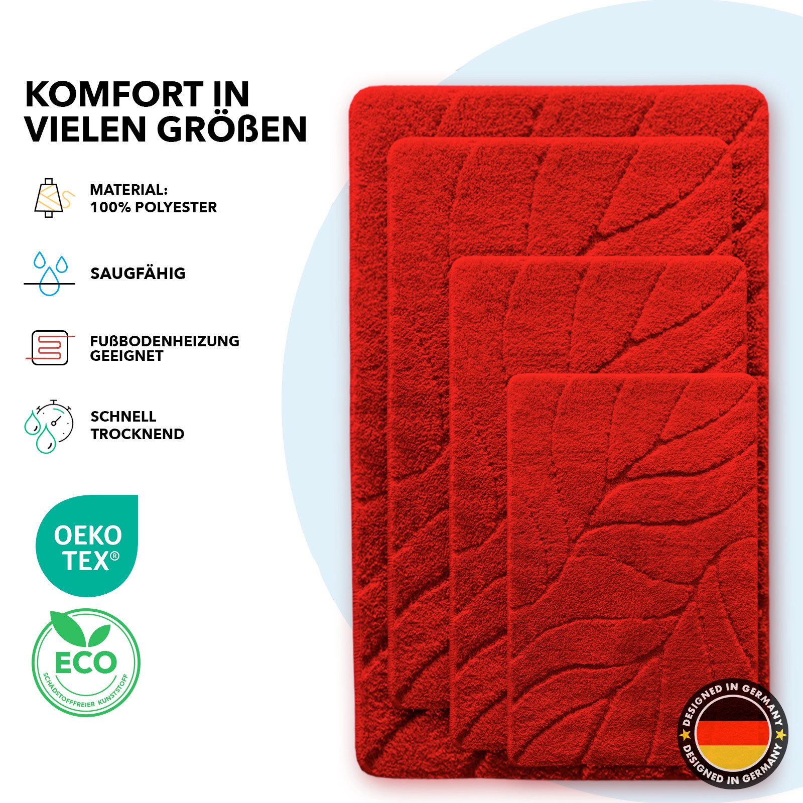 Floordirekt Badematte Maris – Flauschiger Badteppich, Blattstruktur, rutschfest & waschbar, rutschhemmend beschichtet, fußbodenheizungsgeeignet, schnell trocknend, Polyester, für Fußbodenheizung geeignet, dichter Flor, 40x60 cm, Rot