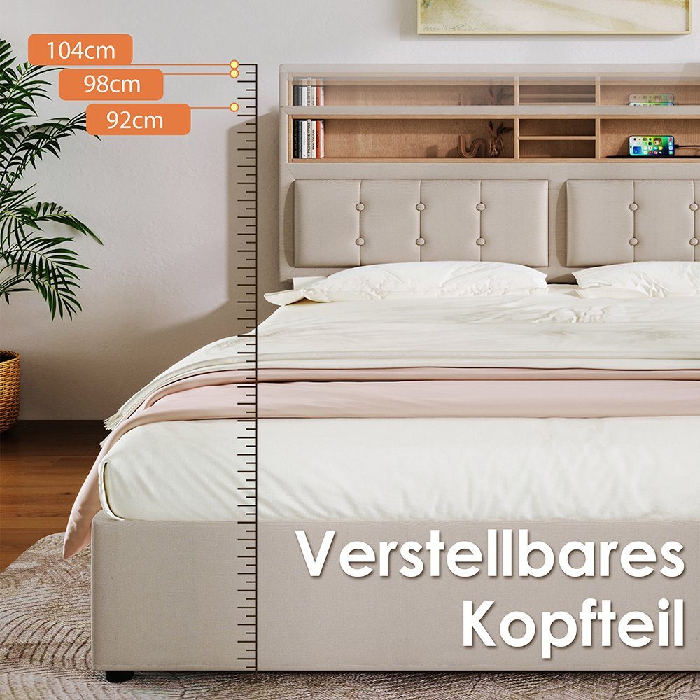 Polsterbett (Hydraulisches Stauraumbett mit Lattenrost und Matratze), Doppelbett 140x200cm mit USB Typ C Ladefunktion Kopfteil, Leinen