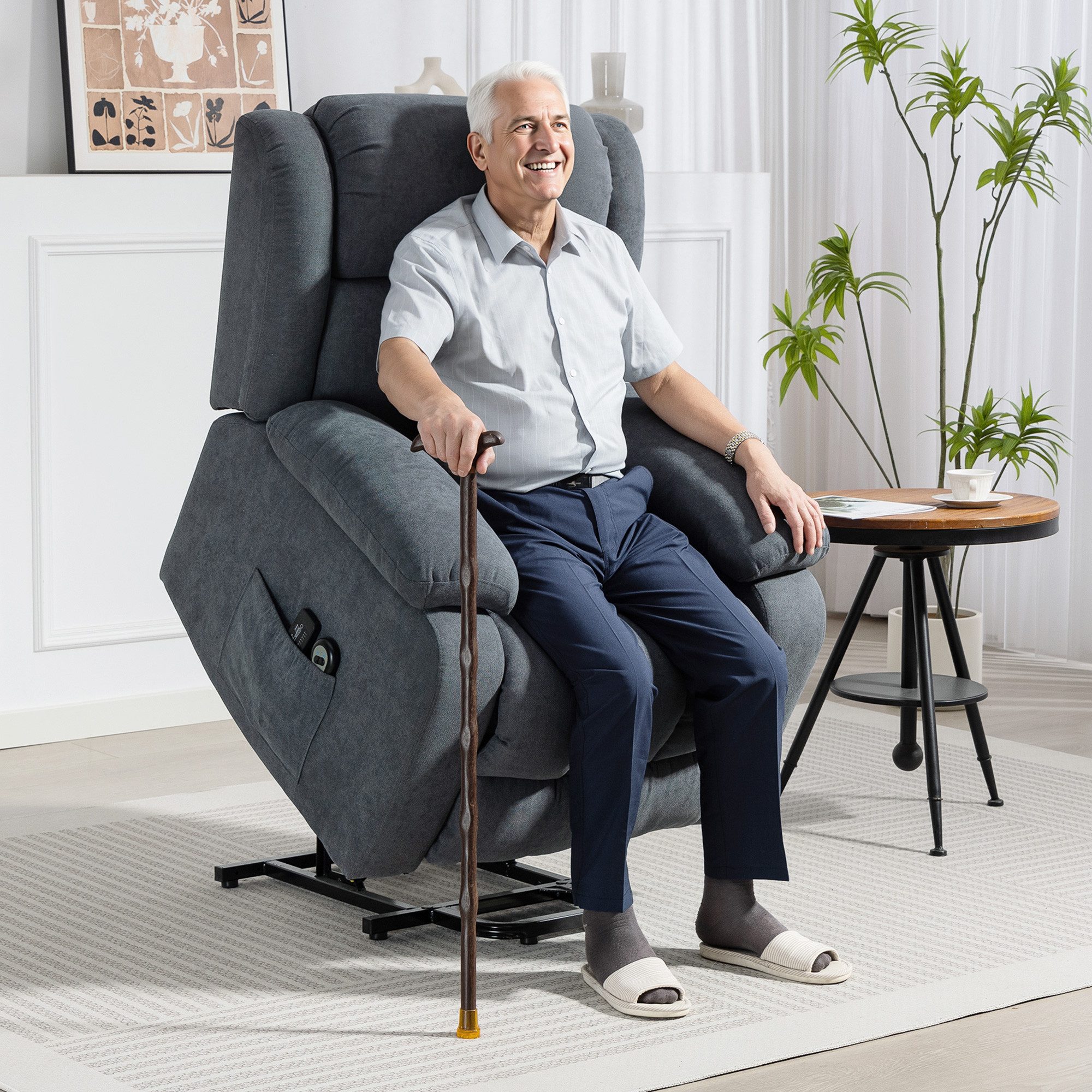 HOMCOM Relaxsessel Massagesessel TV-Sessel mit Liegefunktion, Massagefunktion (Fernsehsessel mit Aufstehhilfe, 1-St., Elektrisch Relaxsessel), mit Fernbedienung, Seitentasche, Fußteil, Leinenoptik, Dunkelgrau