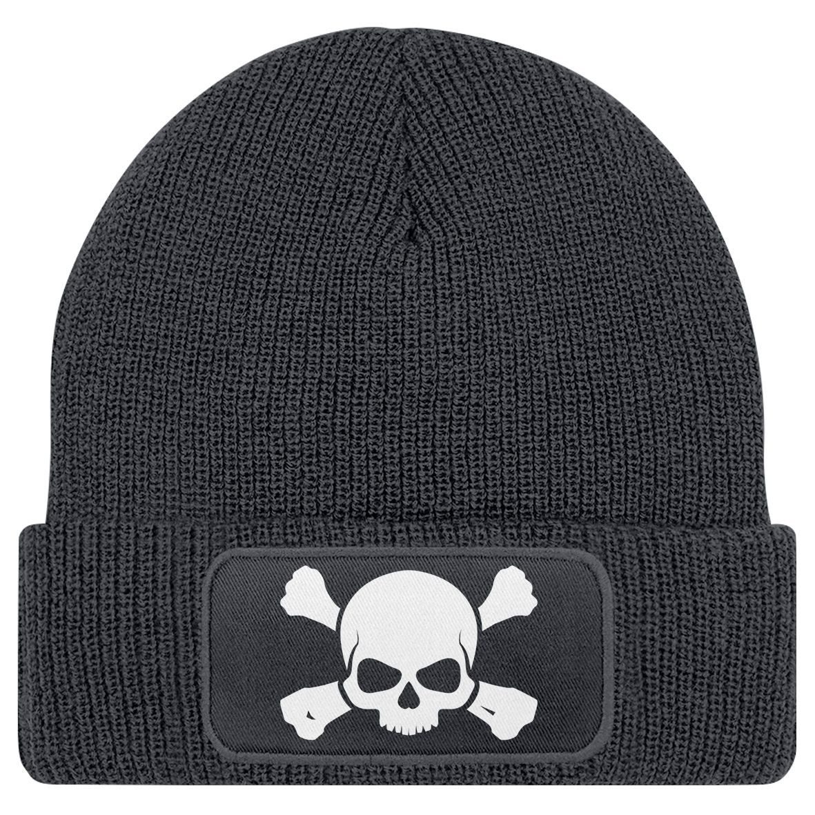 MoonWorks Strickmütze Damen Beanie mit Patch Totenkopf Design Strickmütze mit Spruch