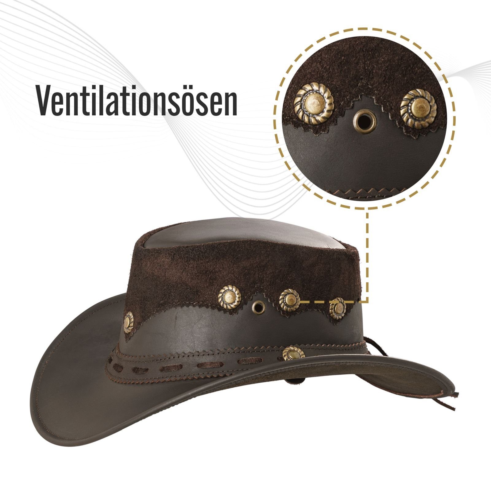 BLACK FOREST FOX Cowboyhut Country Luxus Western Cowboy Hut Reiten Leder Sonnenhut in 2 Farben Brown Größe S