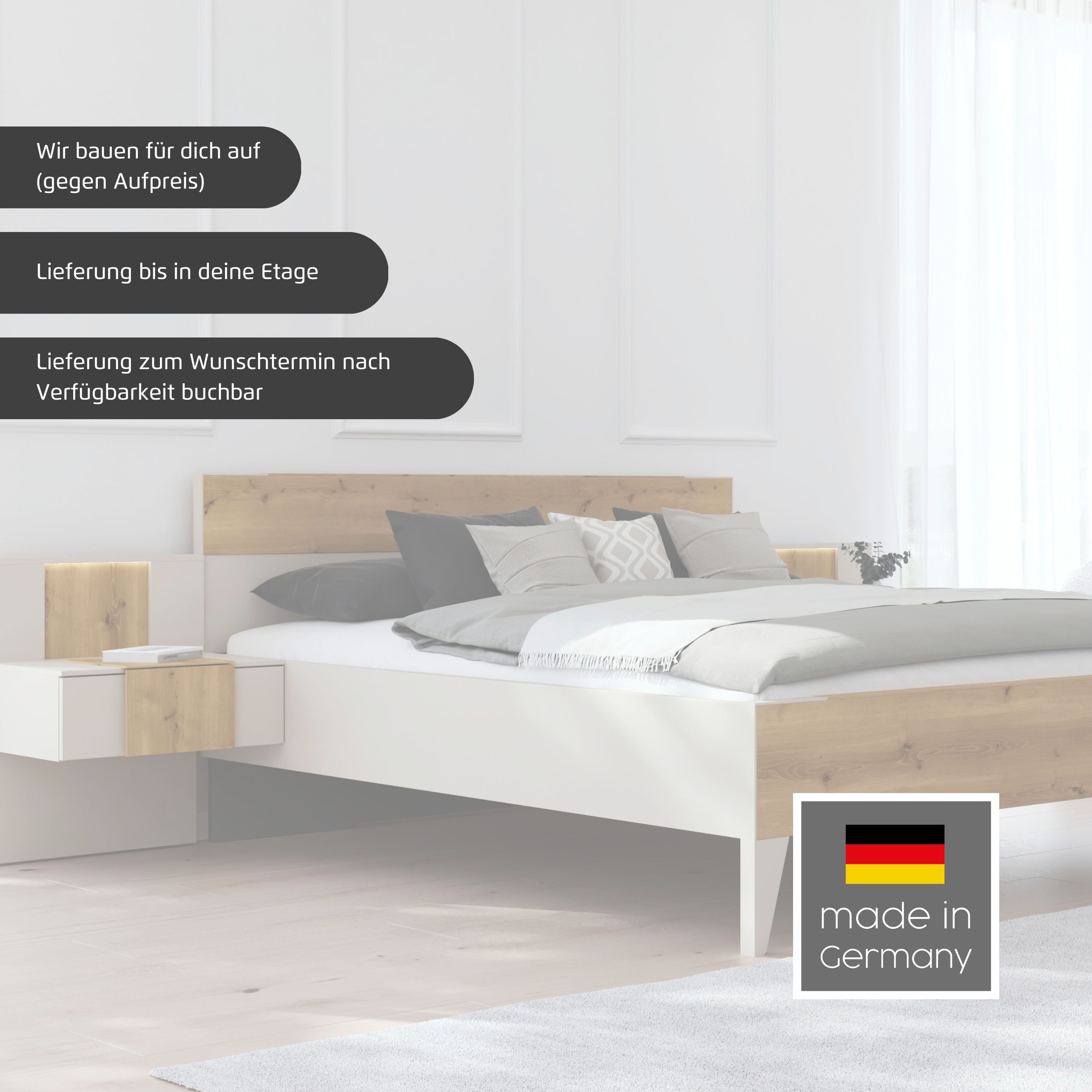 rauch Bettanlage Bett Doppelbett Komfortbett Schlafzimmer Nachttische KONA, (Set, 5-tlg., Bett 180x200 oder 200x200, 2x Hängenachttisch, 2x Paneele mit Bel), Absetzung Asteiche massiv, inkl. SOFT-CLOSE-FUNKTION MADE IN GERMANY