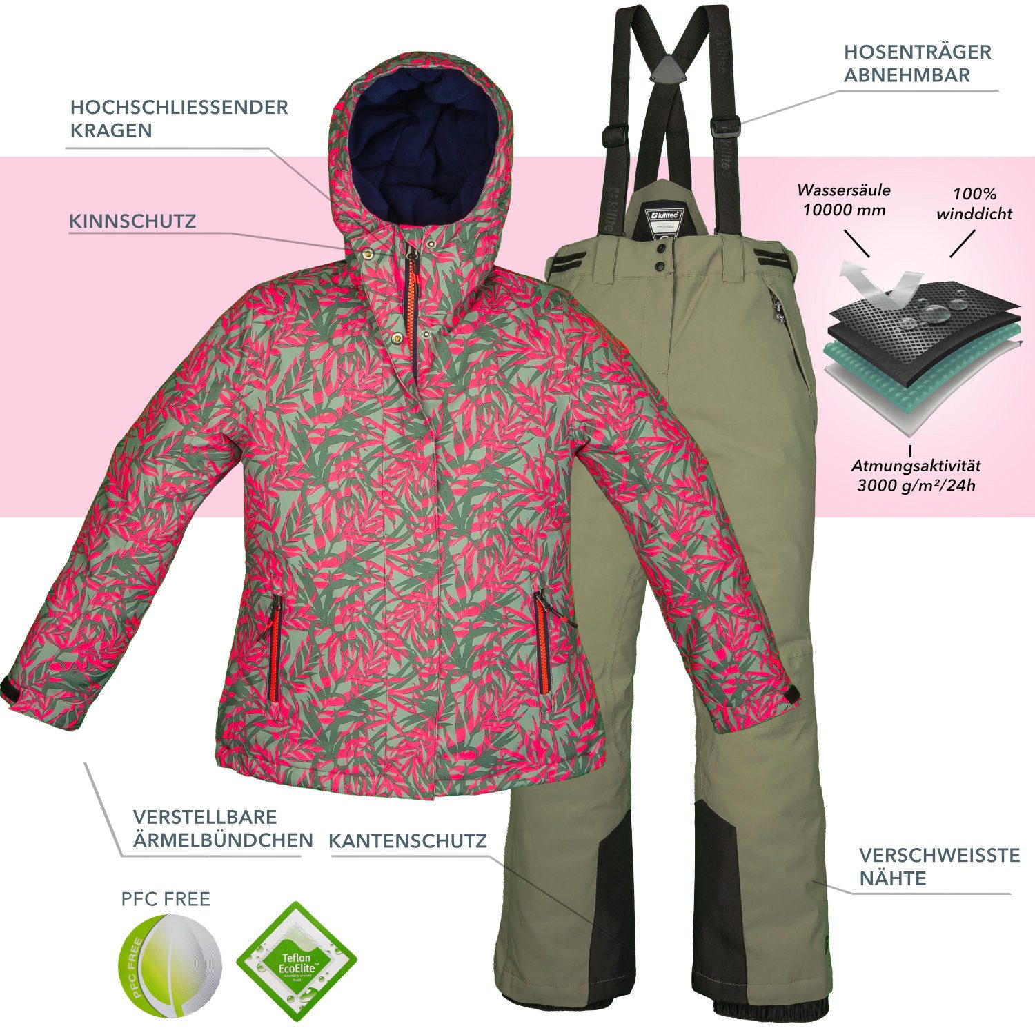 Killtec Skianzug Mädchen Skijacke hellgrün pink gemustert + Skihose hellgrün, verschweißte Nähte