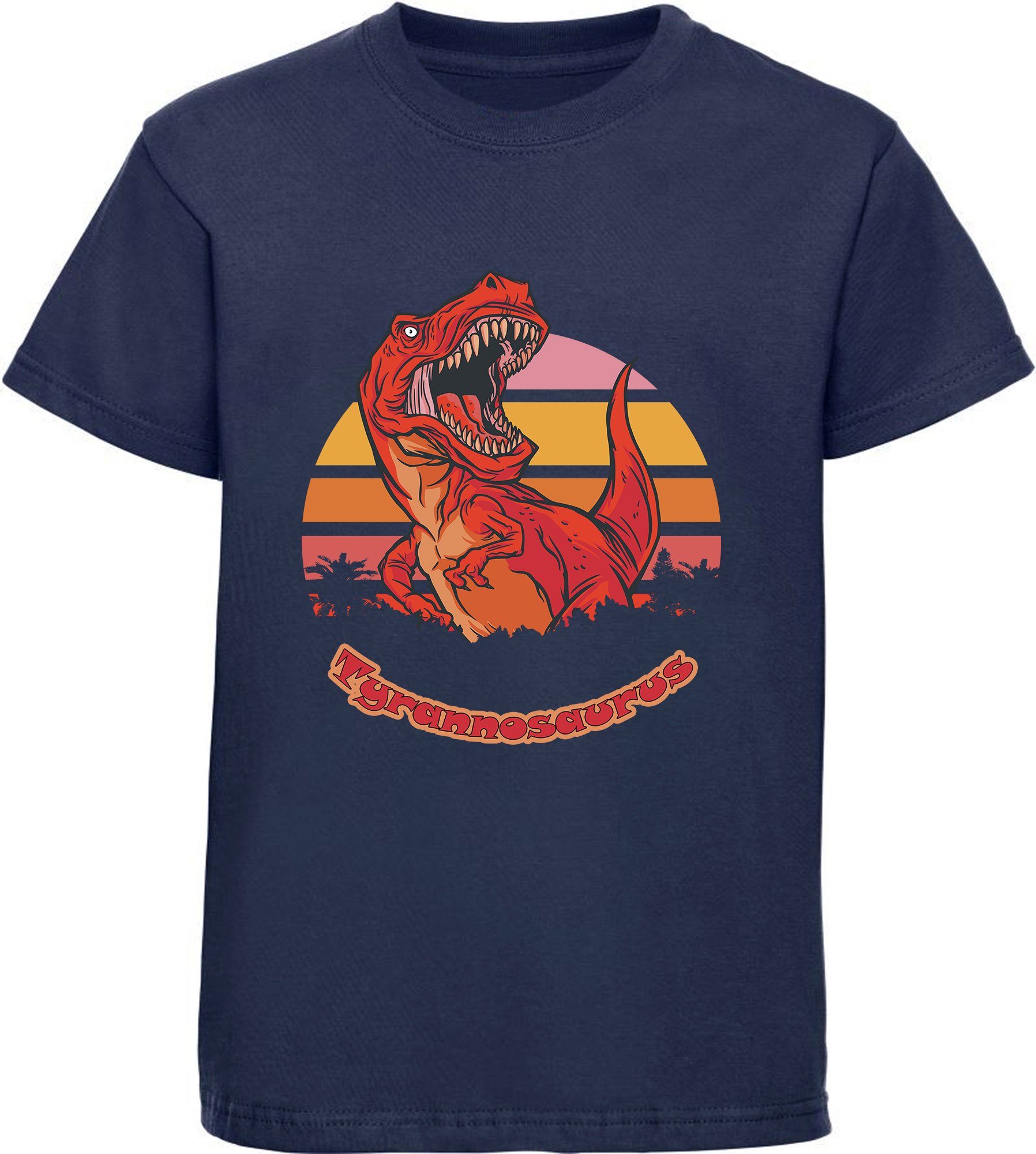 MyDesign24 Print-Shirt bedrucktes Kinder T-Shirt mit roten brüllendem T-Rex Baumwollshirt mit Dino, schwarz, weiß, rot, blau, i100 navy blau