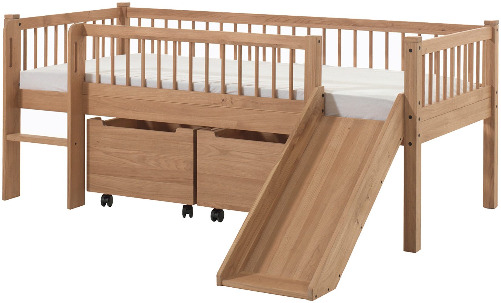 Vipack Massivholzbett Forrest Made in Europe, stabil und hochwertig gebaut, mit 2 Rollboxen (90/200 cm, mit Rollrost, Leiter und Rutsche, seitenverkehrt montierbar), inkl. umlaufenden Absturzschutz in Sprossenoptik, Eiche natur geölt