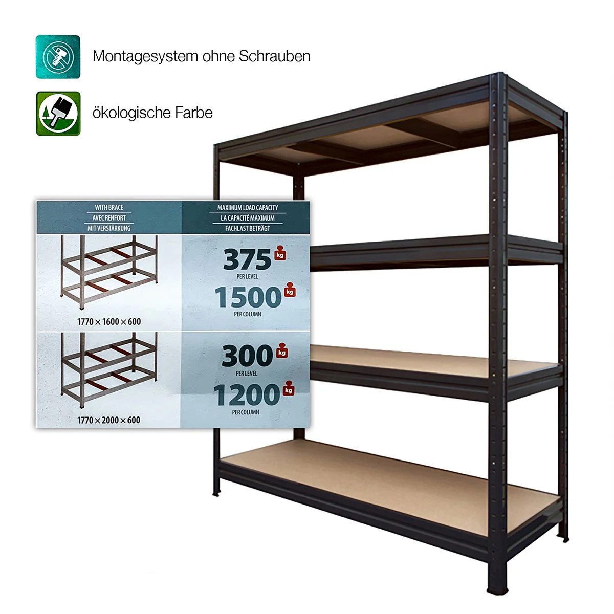 Floordirekt Schwerlastregal Weitspannregal Schwarz, Erhältlich in 2 Größen, Standregal, Traglast bis 1500 kg – Bild 2 von 3