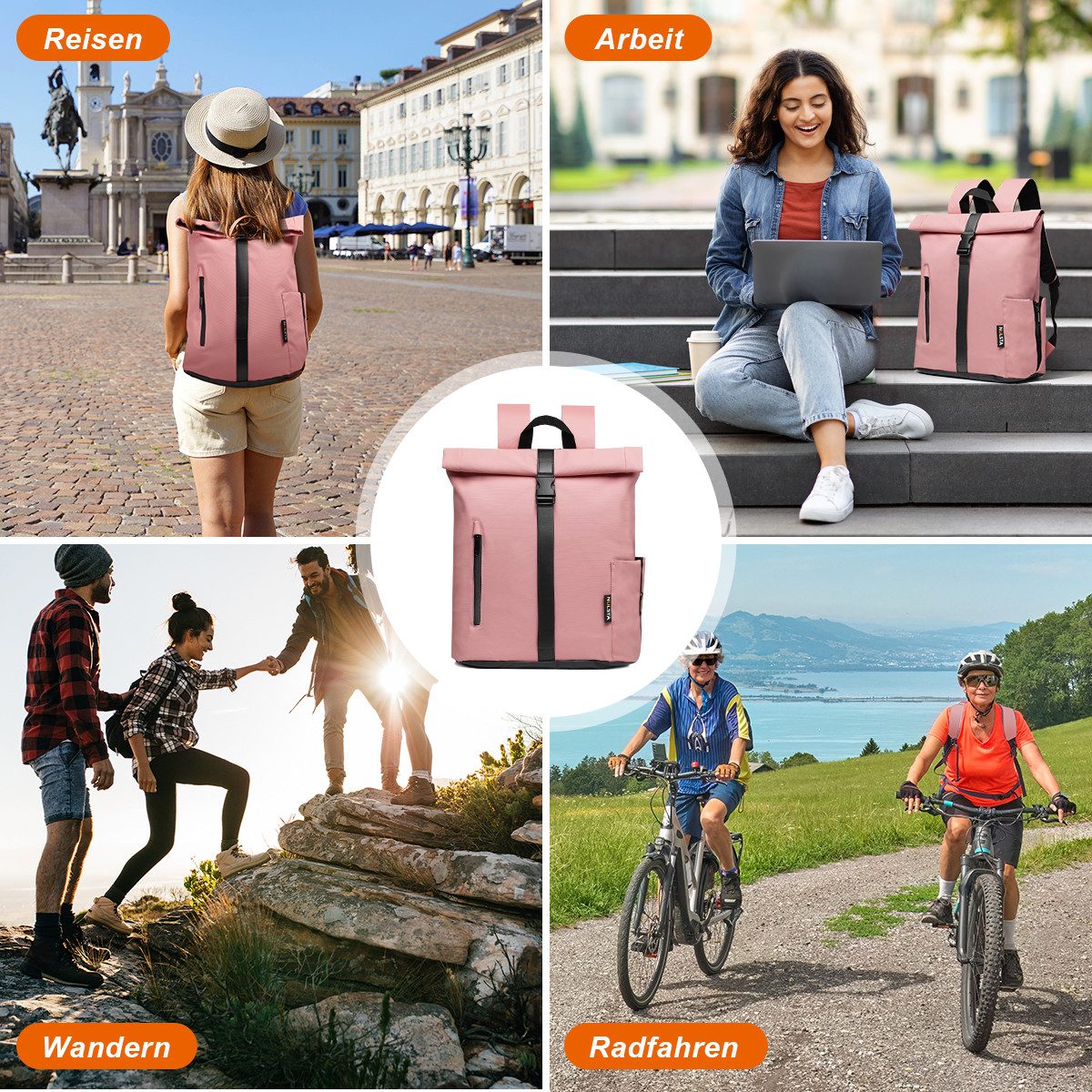 NULSTA Rucksack Rolltop Rucksack Wasserdicht Damen & Herren Daypack Freizeitrucksack, 30*15*40cm,Cityrucksack,Tourenrucksack,Schulrucksack