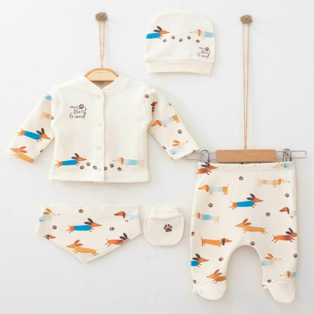 Engelbaby Erstausstattungspaket 5-teilige Erstausstattungs-Set Neugeborenen Hund-Motiv 100% Baumwolle (Set, 5-tlg., Hose, Langarm, Mütze, Lätzchen, Handschuhe) komplett Outfit 5-Teilig 100% Baumwolle Erstausstattungs-set Crem