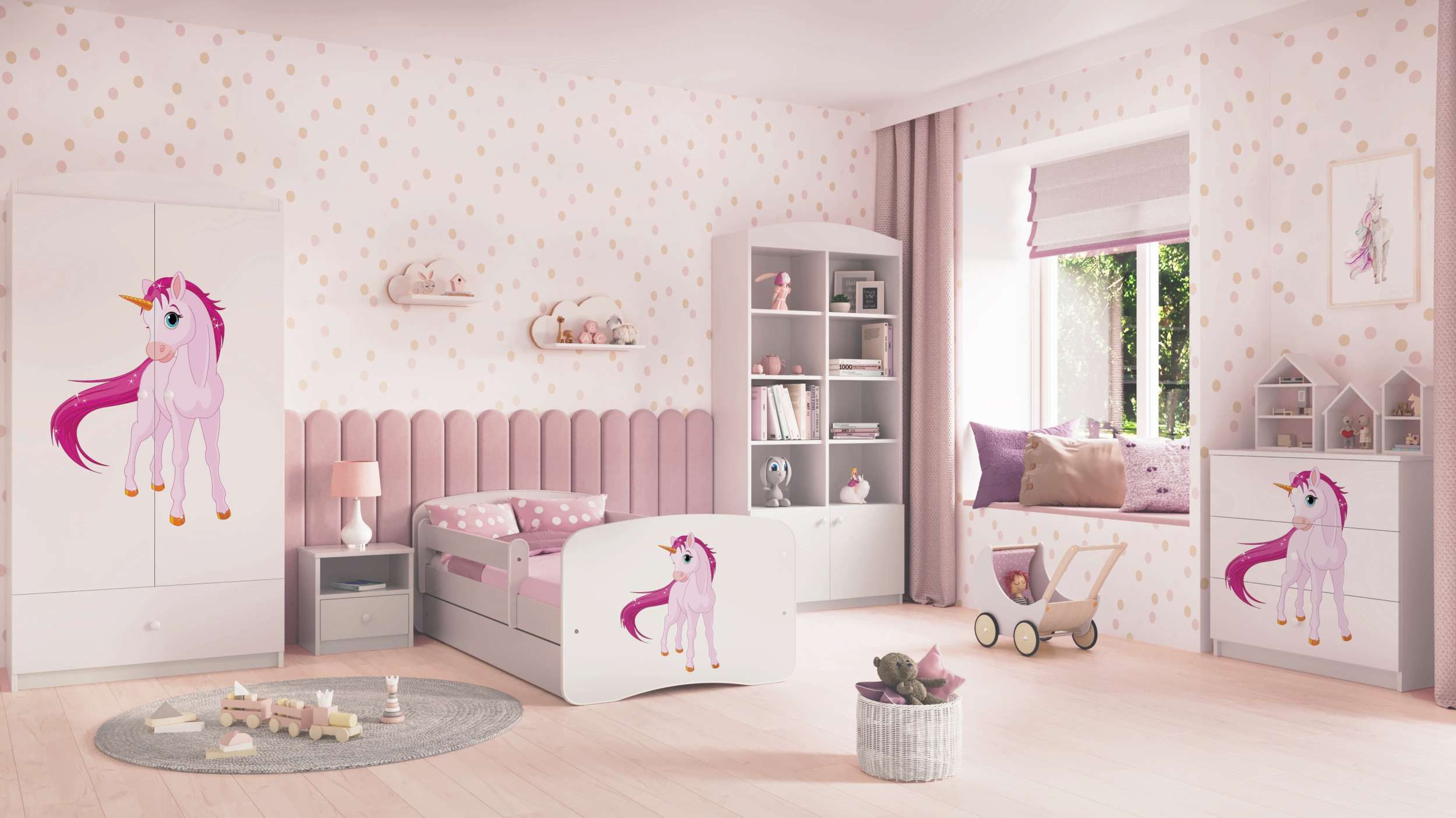 99rooms Jugendzimmer-Set Dreams Motiv V, (Komplettset, Set (5-St), Modern, für Kinderzimmer, mit viel Stauraum, Lattenrost und Matratze