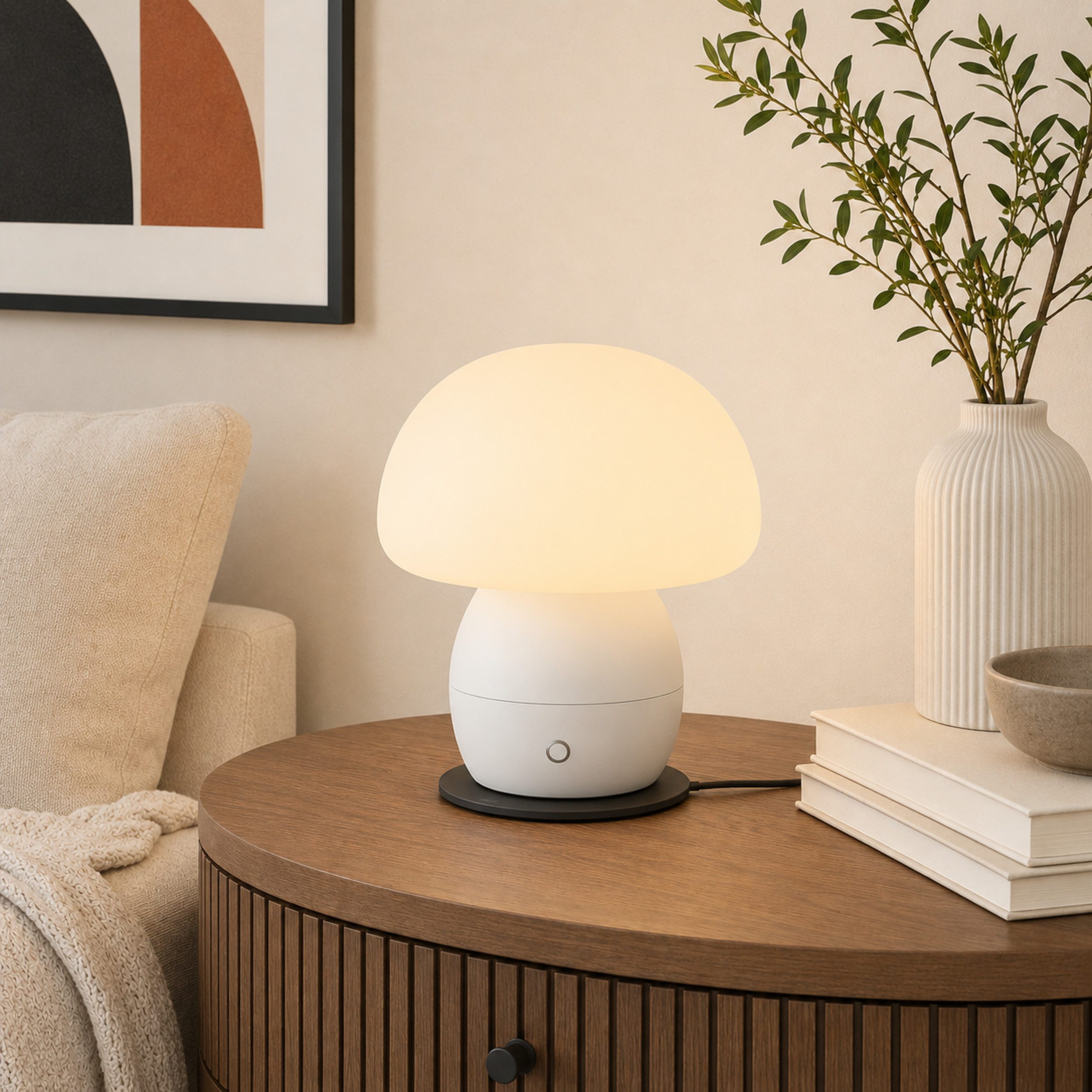 Lightbox Tischleuchte, LED fest integriert, Warmweiß, LED Akku-Pilzlampe, 22cm, 230lm, Wireless Charging, dimmbar, weiß