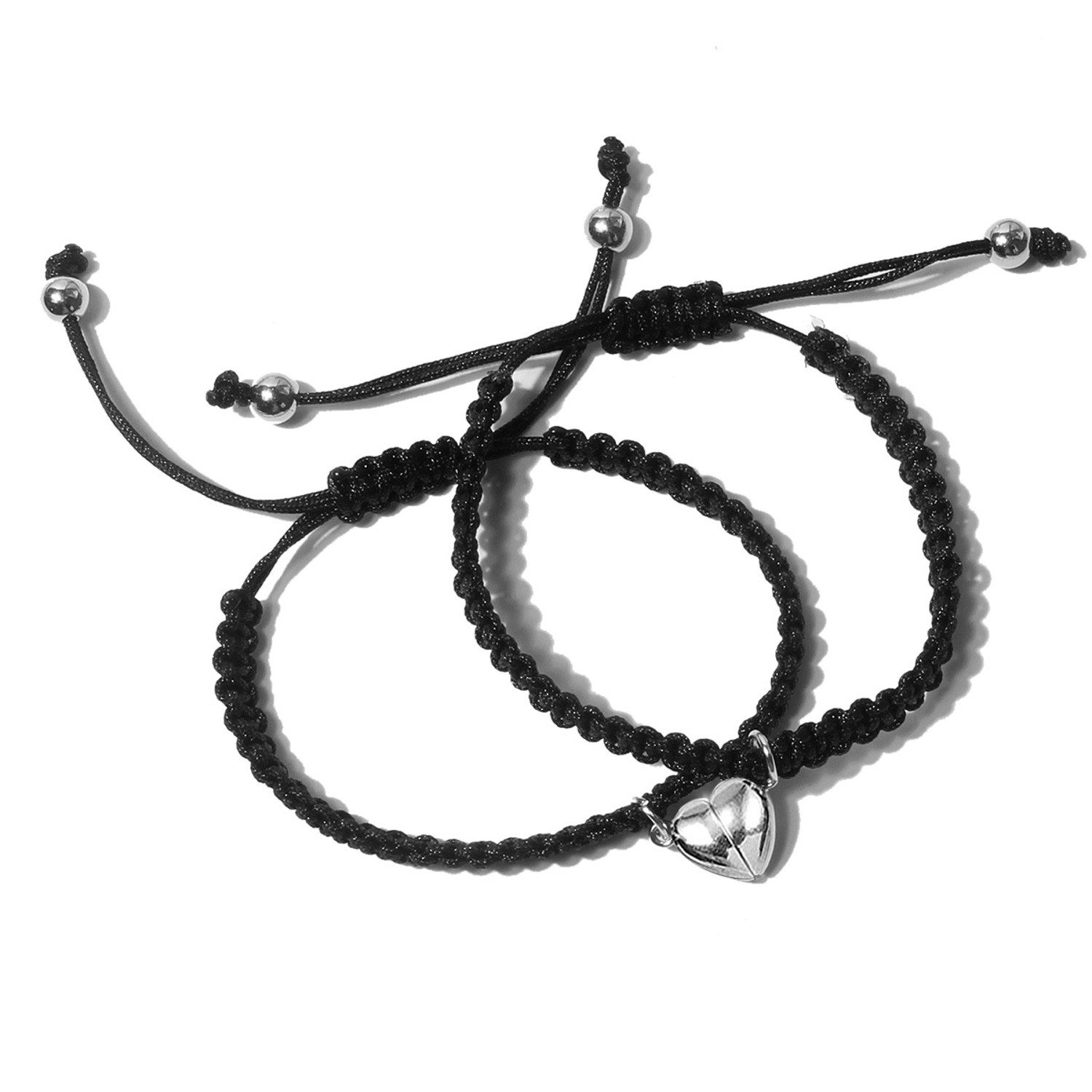 KARMA Freundschaftsarmband 2er Set Freundschaftsarmbänder Herz Schwarz Metall Stoff (Schiebeknoten Schiebearmband Stoffarmband modern, Magnetisch Damenarmband Herrenarmband Geschenk für Sie Ihn), Armband Freunde Partner Unisex Partnerarmbänder