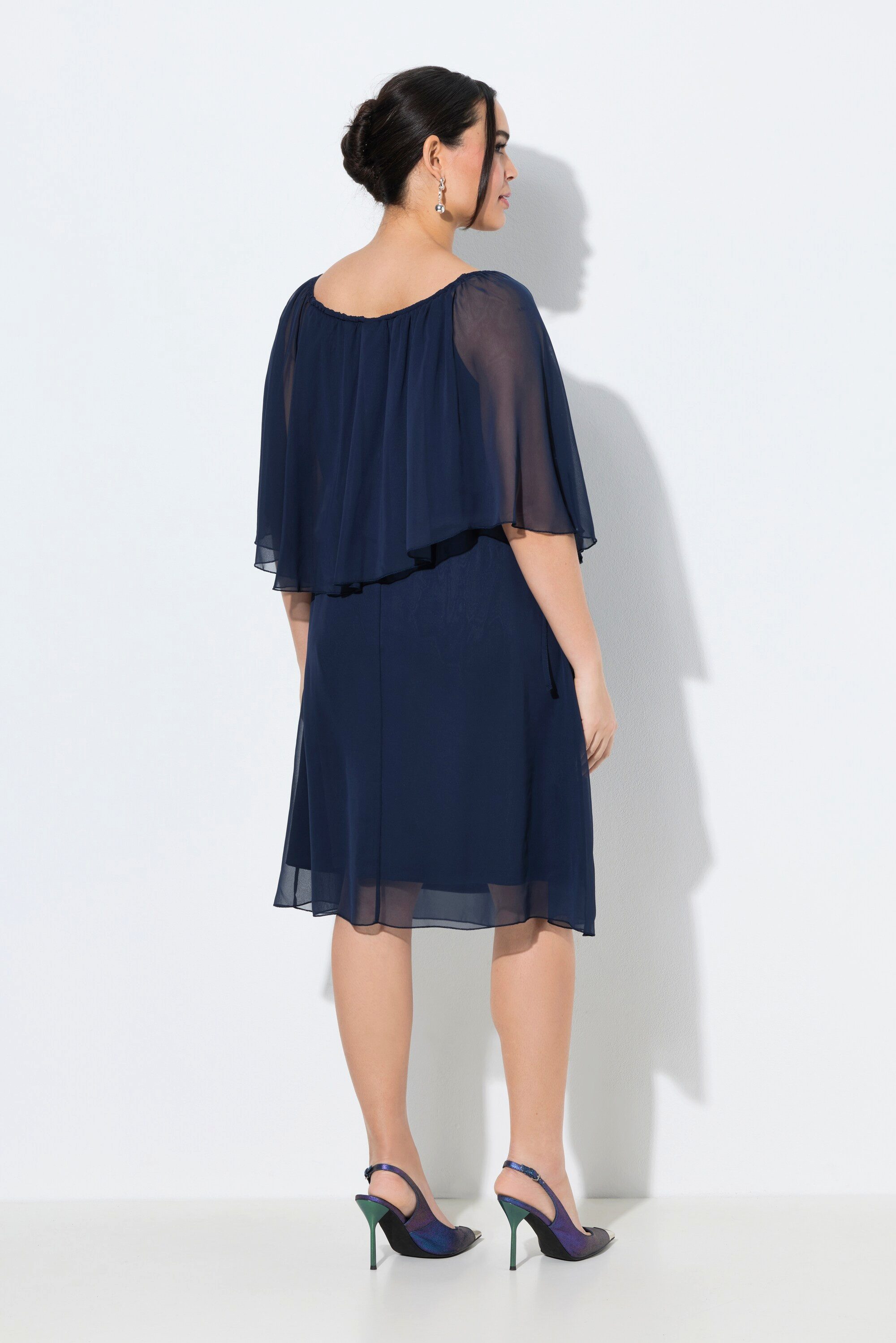 Ulla Popken Cocktailkleid Kleid Chiffonrüsche A-Linie Carmen-Ausschnitt