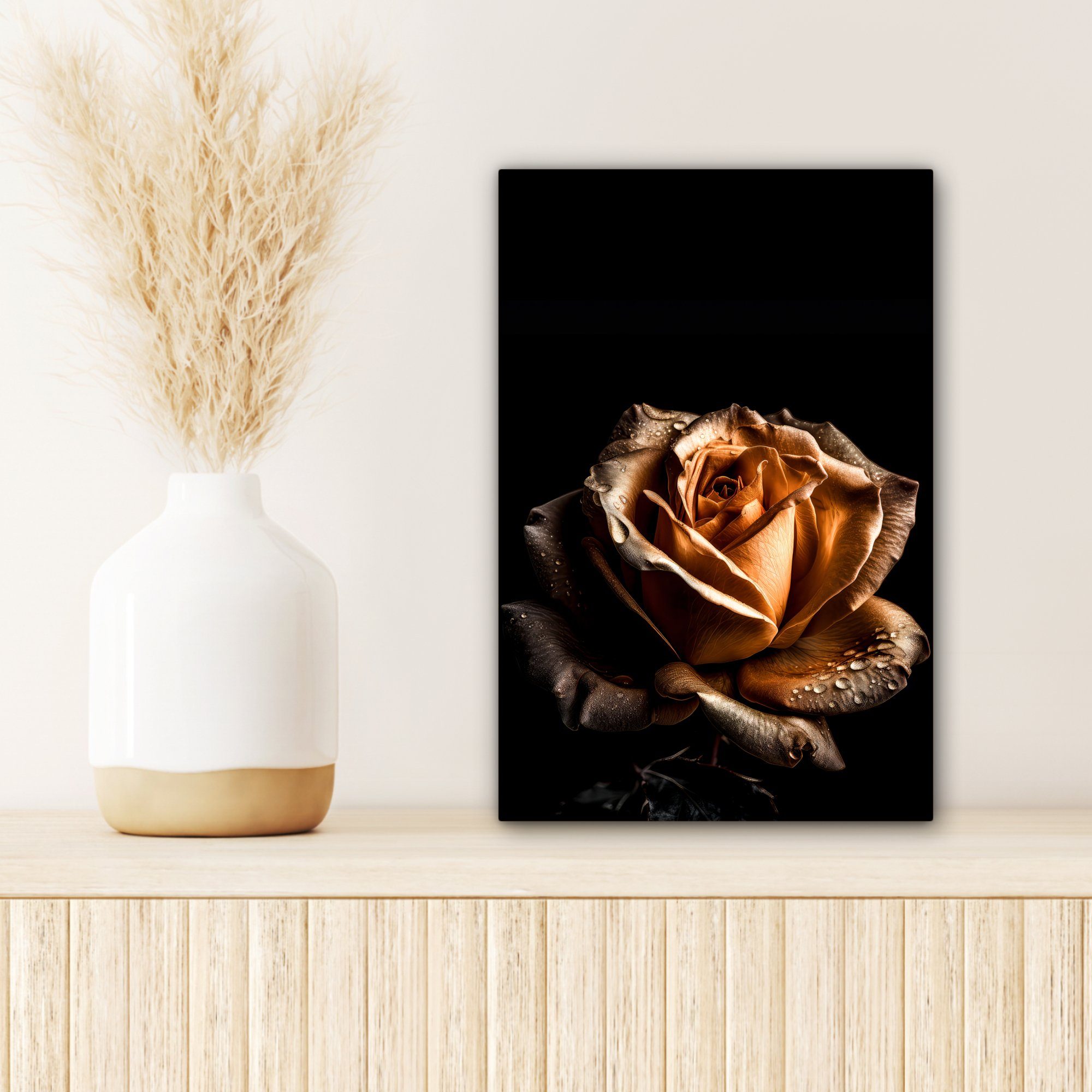 - (1 Gold Zackenaufhänger, OneMillionCanvasses® inkl. Leinwandbild 20x30 cm Blumen - bespannt Botanisch fertig St), Rose Gemälde, Leinwandbild Schwarz, -