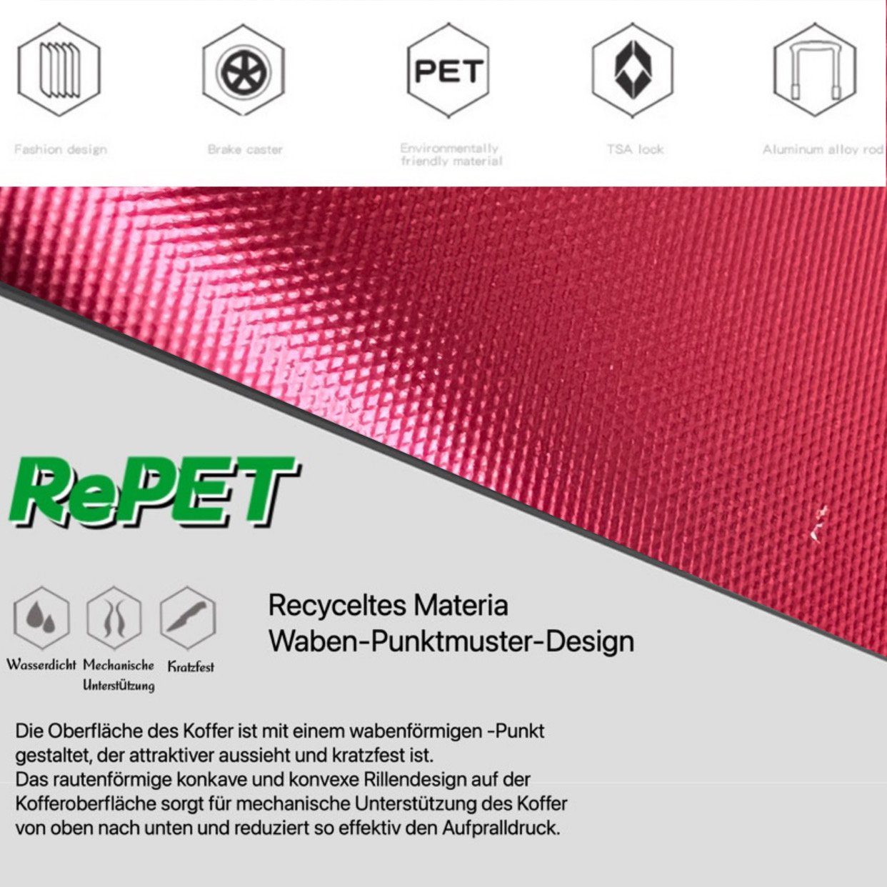NEWCOM Hartschalen-Trolley Hartschalenkoffer aus recyceltem Material, Super Leicht Reisekoffer, 4 Rollen, Handgepäck Rot, umweltfreundlich,TSA Schloss
