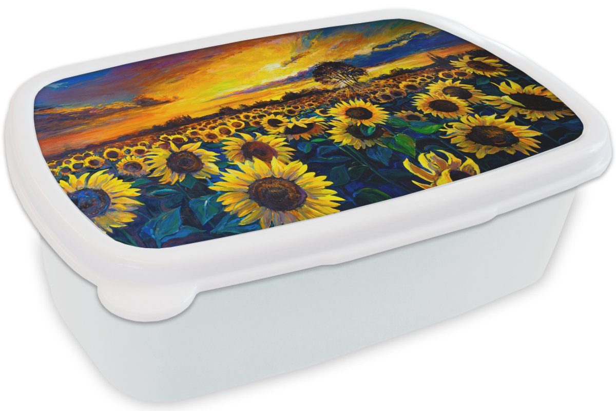 Ölfarbe und Lunchbox Mädchen Kinder Blumen Erwachsene, Brotdose, Brotbox Jungs Malerei (2-tlg), - Kunststoff, MuchoWow - Sonnenblume, und weiß - für für