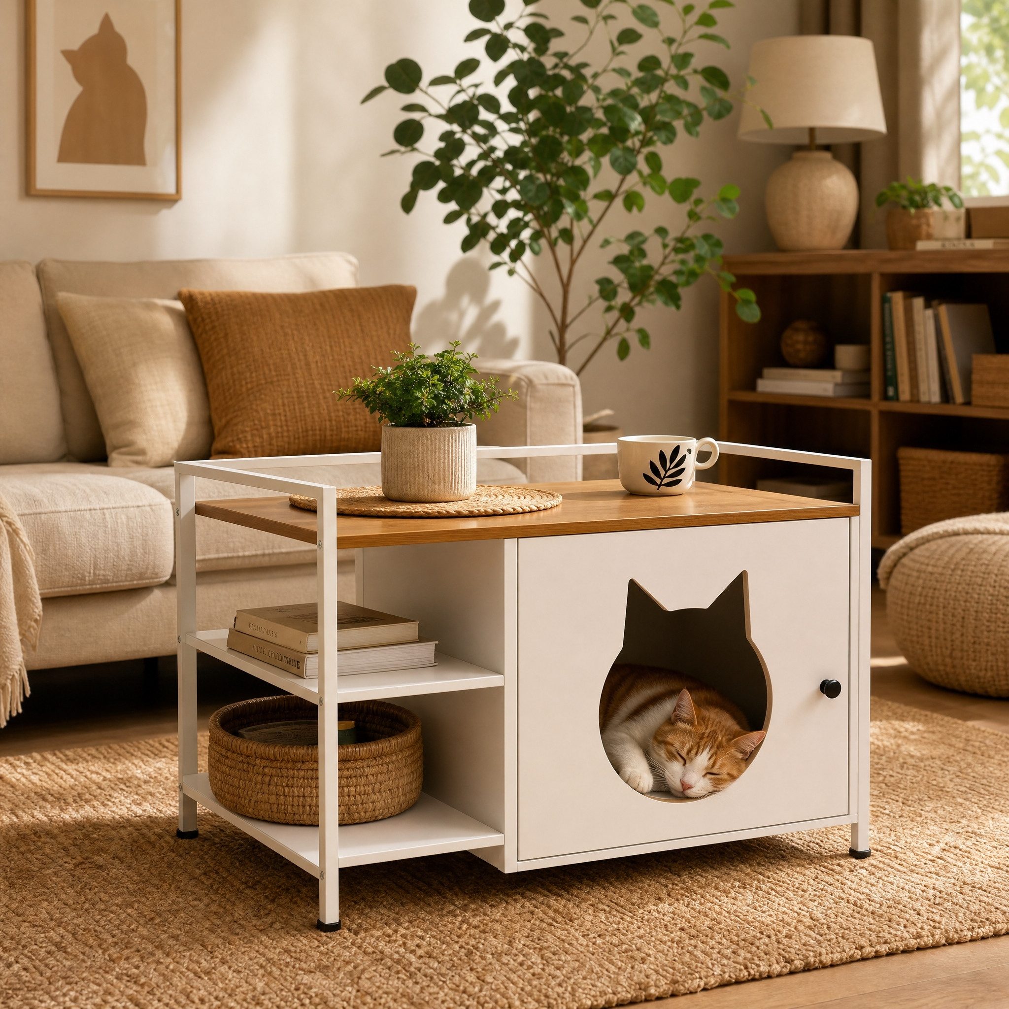 BlingBin Tierhaus Katzentoilettenschrank mit Katzenkopf-Loch und 2 Ablageregalen, moderner multifunktionaler Katzen-Beistelltisch mit Stauraum