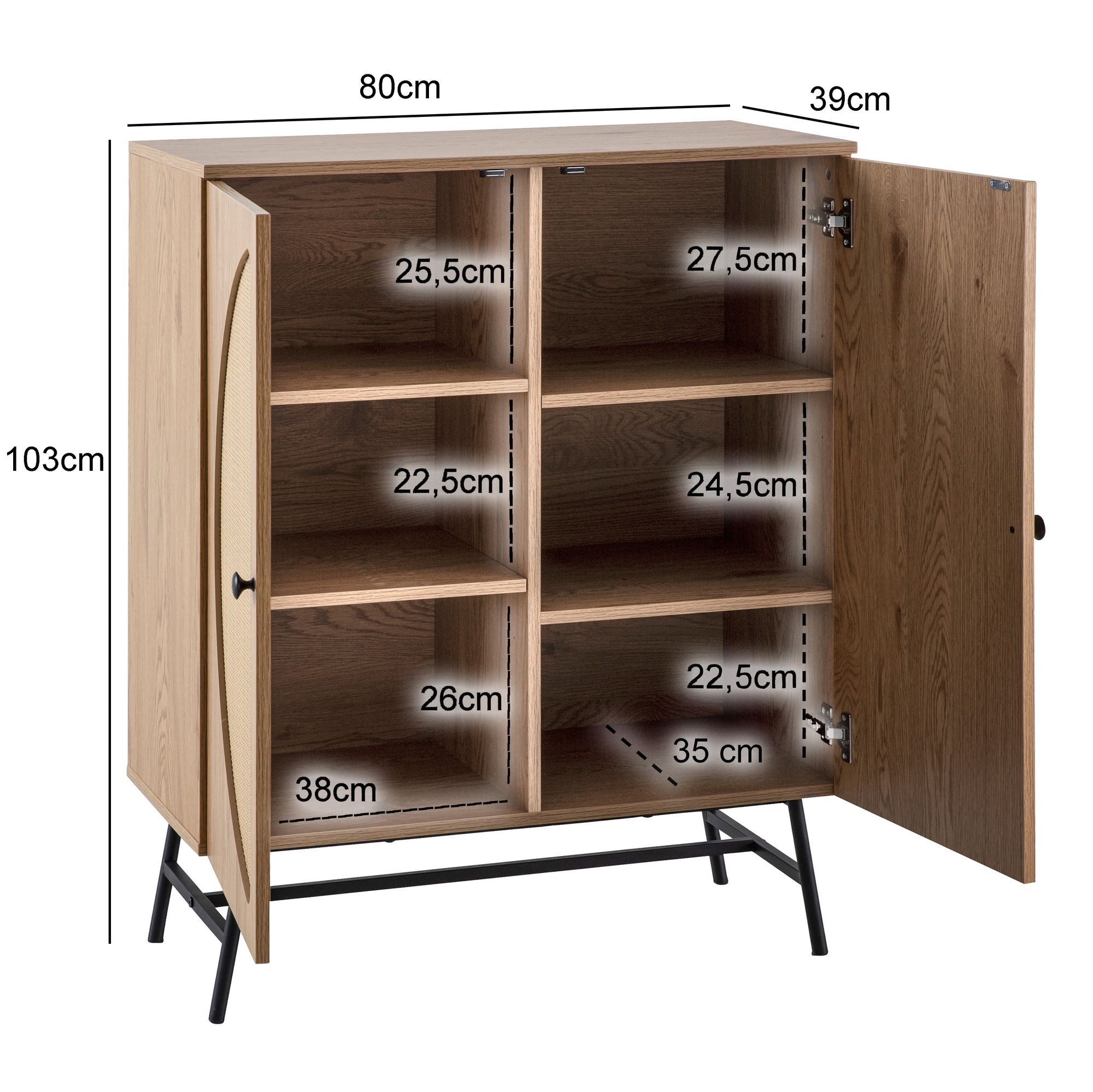 FINEBUY Sideboard FB104655 Kommode in Eiche Dekor 80 cm mit 2 Türen aus Wiener Rattan (80x103x39 cm Anrichte, Eiche-Dekor Rattangeflecht), Kommode Türen Highboard, Hoher Kommodenschrank