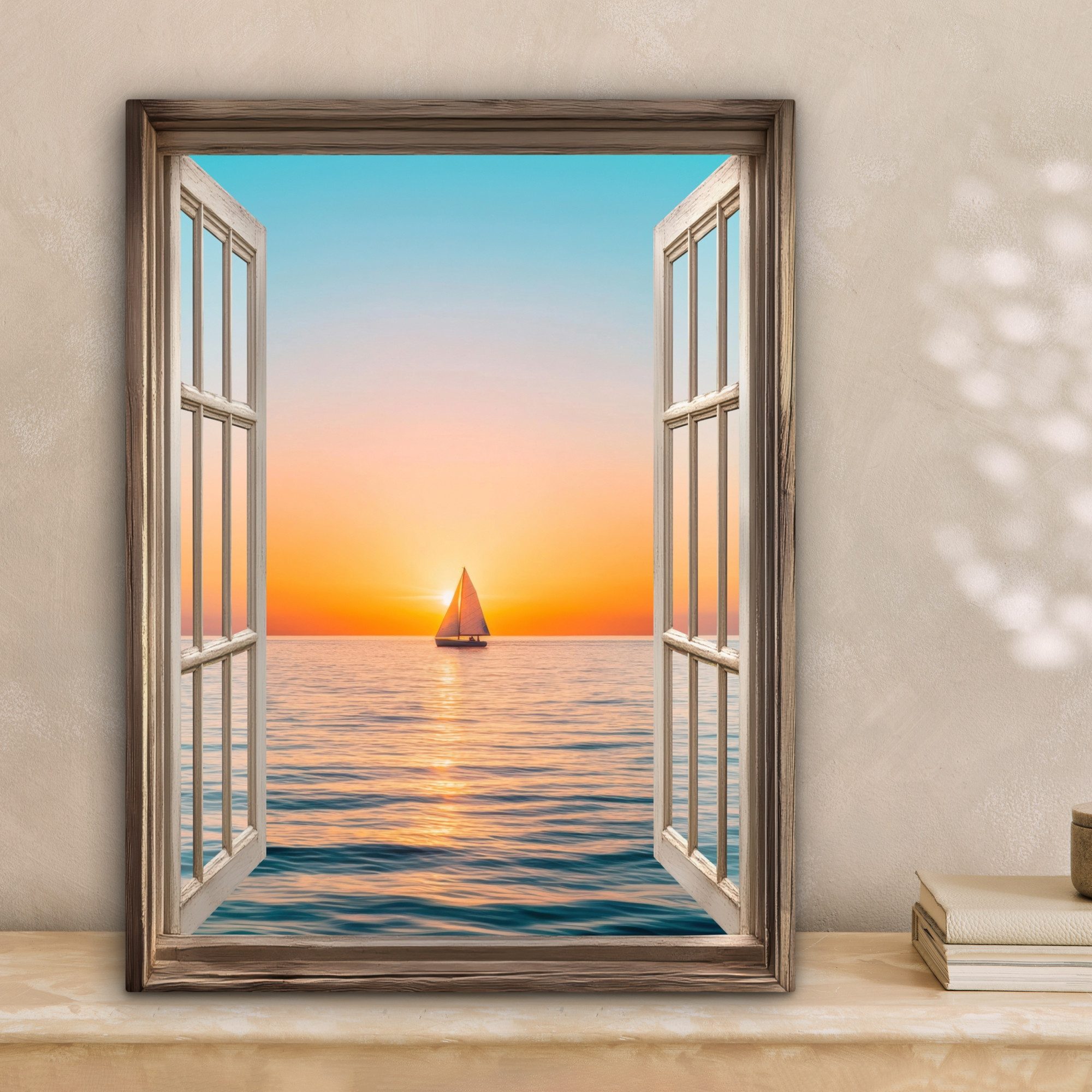 OneMillionCanvasses® Leinwandbild Transparenter Blick - Meer - Boot - Sonnenuntergang, Fotodruck (1 St), Leinwand Bilder für Wohnzimmer Schlafzimmer 30x40 cm