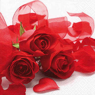 ti-flair Papierserviette, Servietten Papier 33x33cm 3-lagig rote Rosen mit Herz 20 Stück