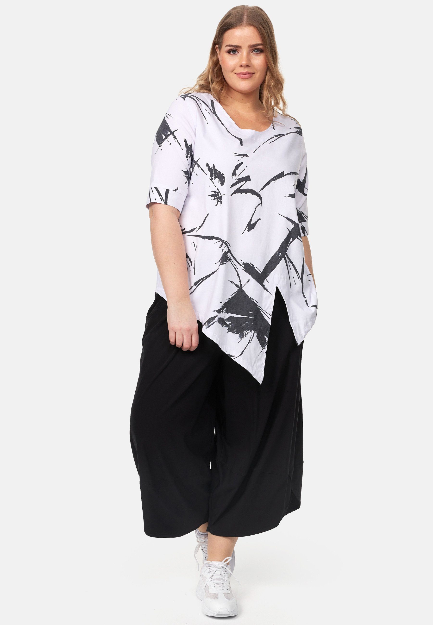 in A-Line Tunika Saum asymmetrischem 'Flora' Kekoo Shirt Tunikashirt Muster Weiß mit