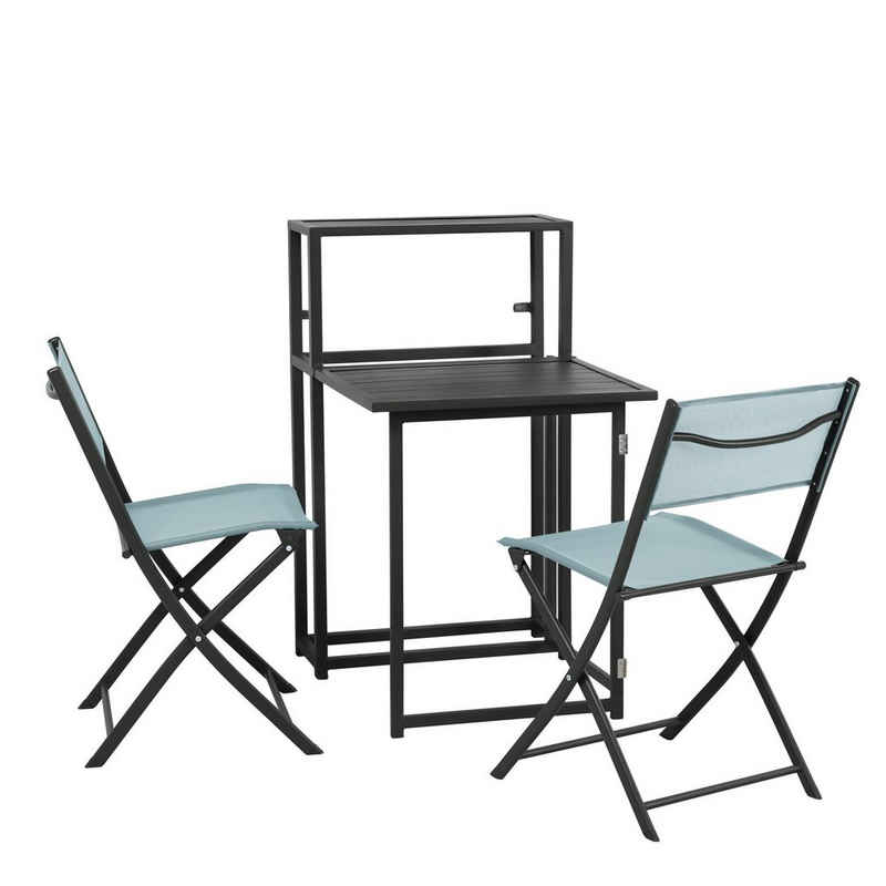 SVITA Balkonset Balkon-Set, (Platzsparendes Set, Ausklappbarer Tisch mit 2 Stühlen und ein Regal zum Verstauen), Tisch und Stühle platzsparend verstaubar