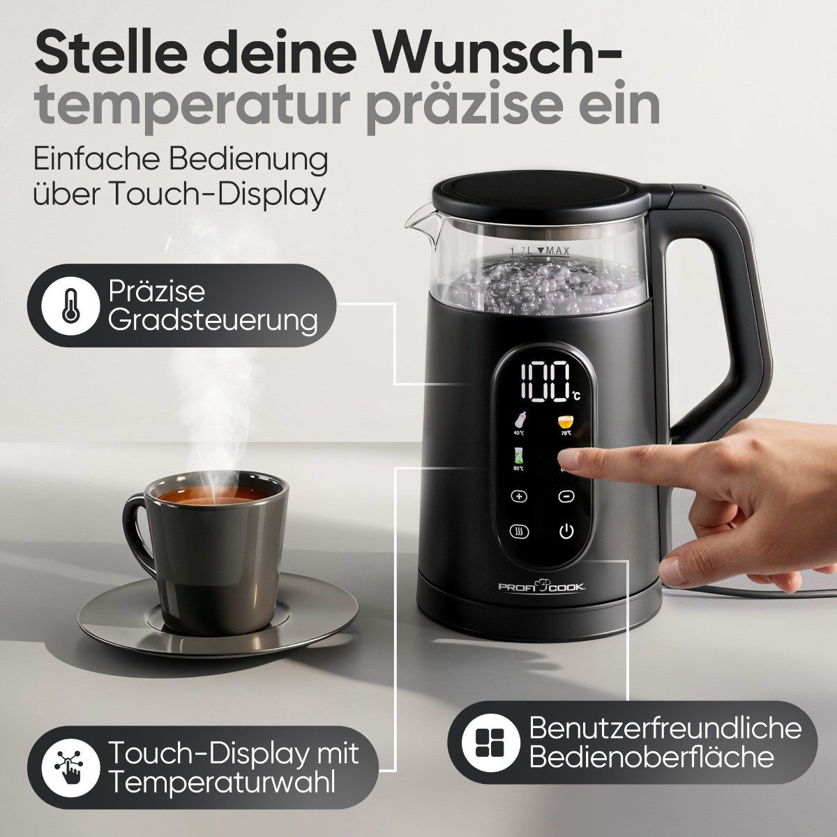 ProfiCook Wasserkocher PC-WK 1328 G, Wasserkocher mit Temperatureinstellung 40 - 100°C