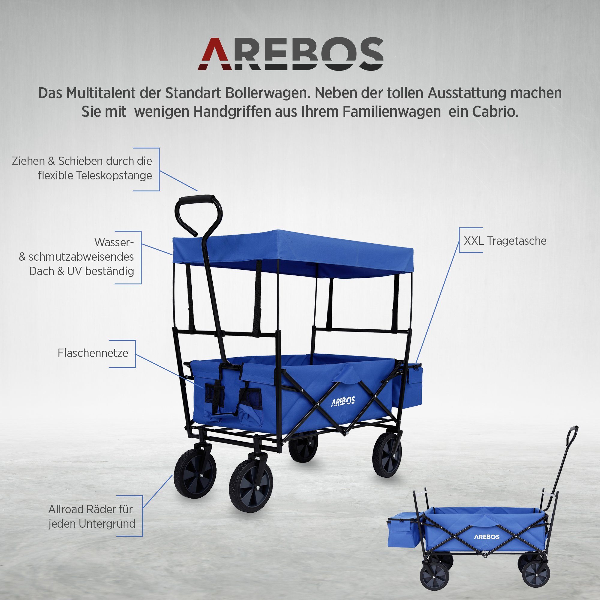 Arebos Bollerwagen ECO faltbar mit Dach, 70 kg Tragkraft für Garten, Camping & Ausflüge (Blau), Maße 117 x 55 x 125 cm – Bild 3 von 5