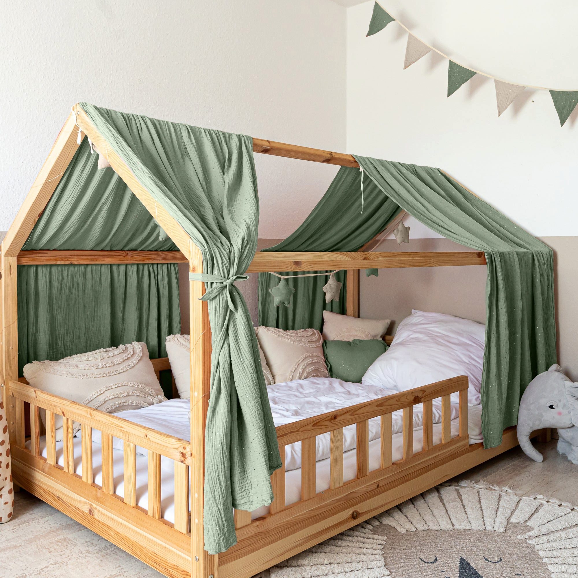 lilimaus Betthimmel für Hausbett aus 100% Musselin - 2er-Set fürs Kinderbett (1-tlg), 2 Stoffbahnen mit feinen Goldapplikationen - schnell montiert