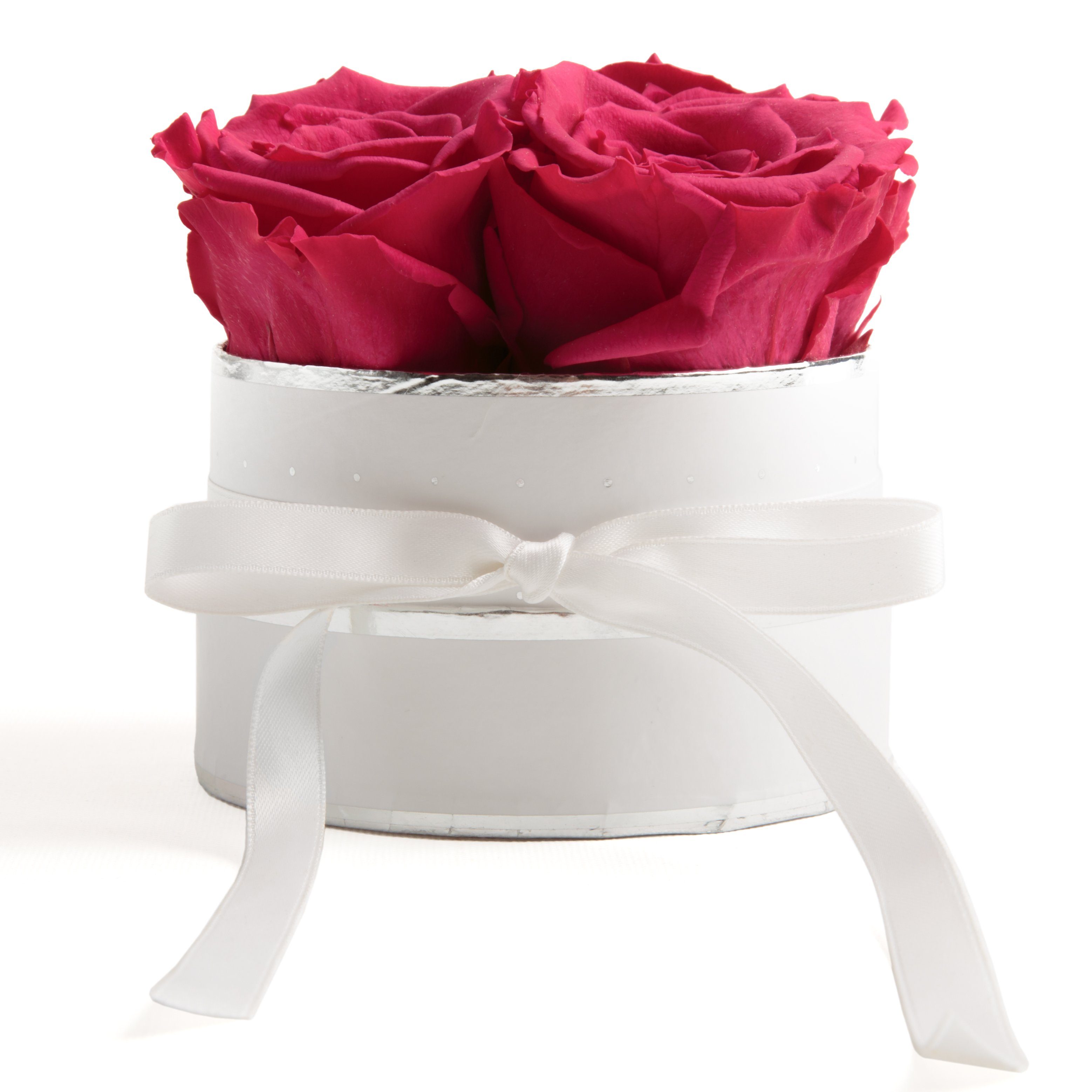 Kunstblume Infinity Rosenbox weiß rund 4 konservierte Rosen inklusiv Geschenkbox Rose, ROSEMARIE SCHULZ Heidelberg, Höhe 10 cm, echte Rosen haltbar 3 Jahre Pink