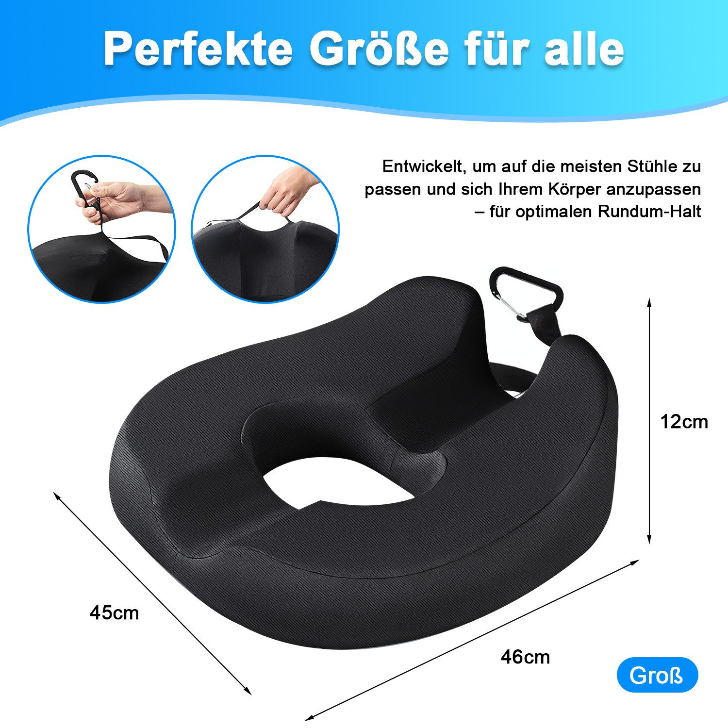 HEYHIPPO Sitzkissen Sitzkissen Memory Foam ergonomisch für Büro & Auto Schwarz 45×46×16cm, Hohles Sitzkissen groß –Druckentlastend für Bürostuhl, bis 90 kg
