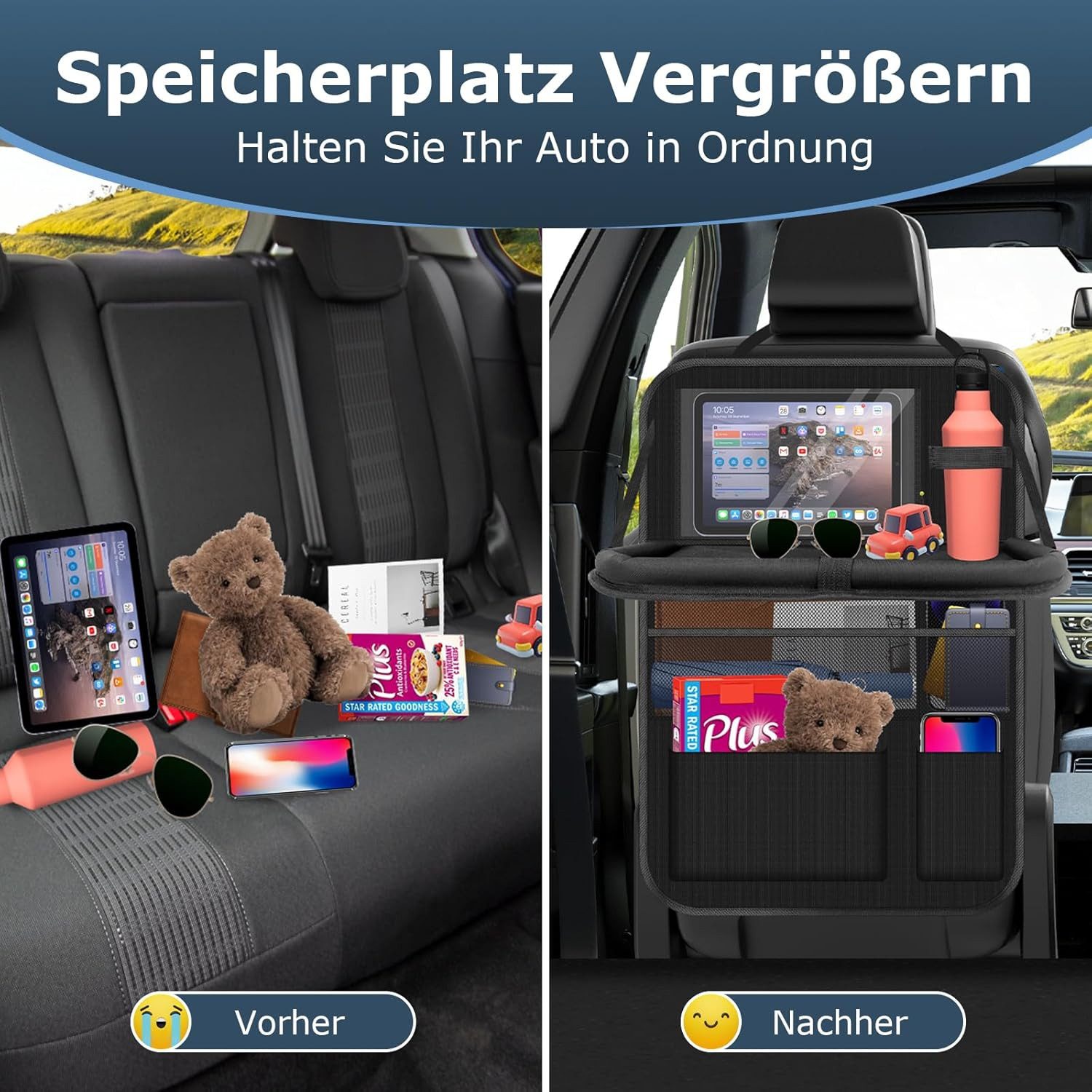 FELIXLEO Auto-Rückenlehnentasche Auto Organizer 2 Stueck Rueckenlehnenschutz Kinder Schwarz (1-tlg) – Bild 4 von 5