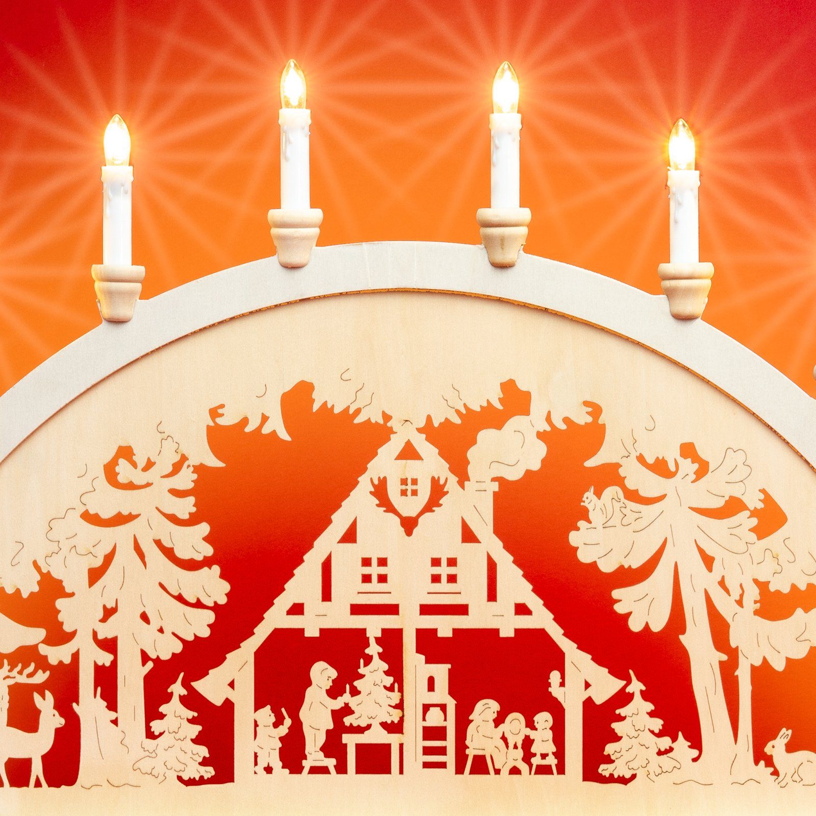 SIKORA Schwibbogen LB57-10 XL Lichterbogen Motiv Waldhaus mit 10 Kerzen B:71cm, Innen Deko mit LED Beleuchtung und klassischem Weihnachtsmotiv – Bild 4 von 4