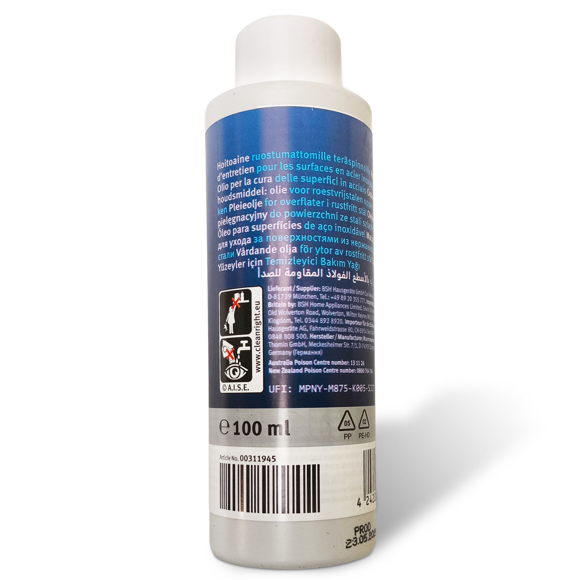 BOSCH Pflegeöl 00311945 Edelstahlpflege 100 ml Edelstahlreiniger (für Oberfläche Aluminium Hausgeräte)