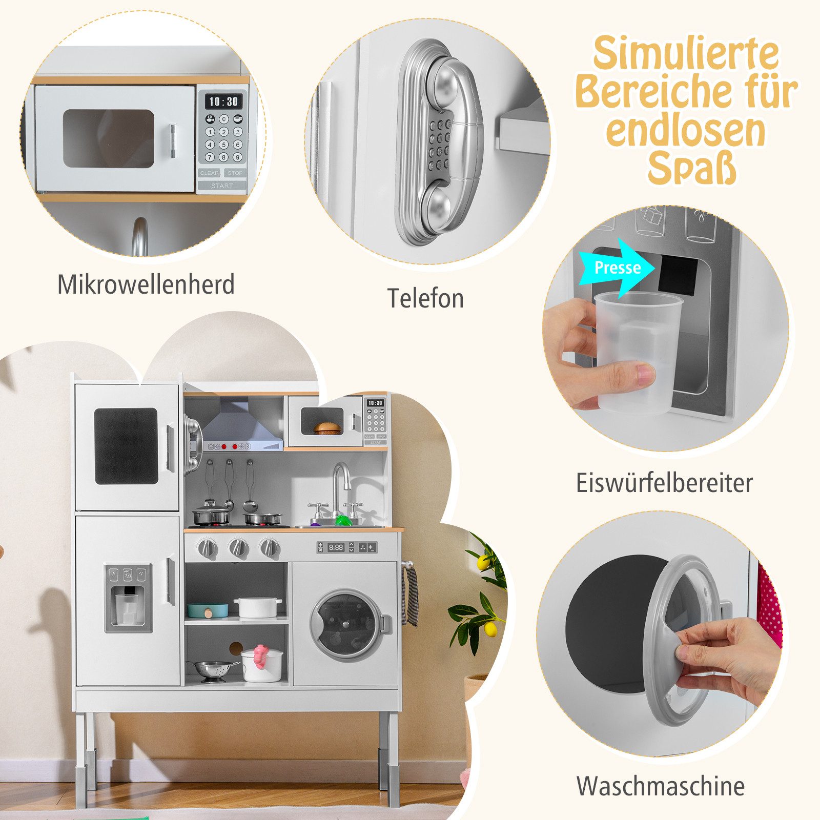 COSTWAY Spielküche Kinderküche Holz, 3-fach höhenverstellbar, mit 16 tlg. Zebehör