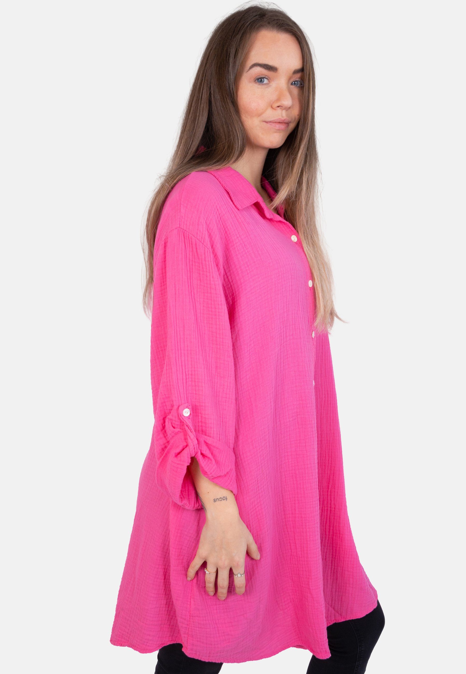 Seasons mit April Oversized Pink Taschen (1-tlg) Musselinbluse Jessy 100% Hemdbluse of Knopfverschluss Hemdbluse Musselin Baumwolle &