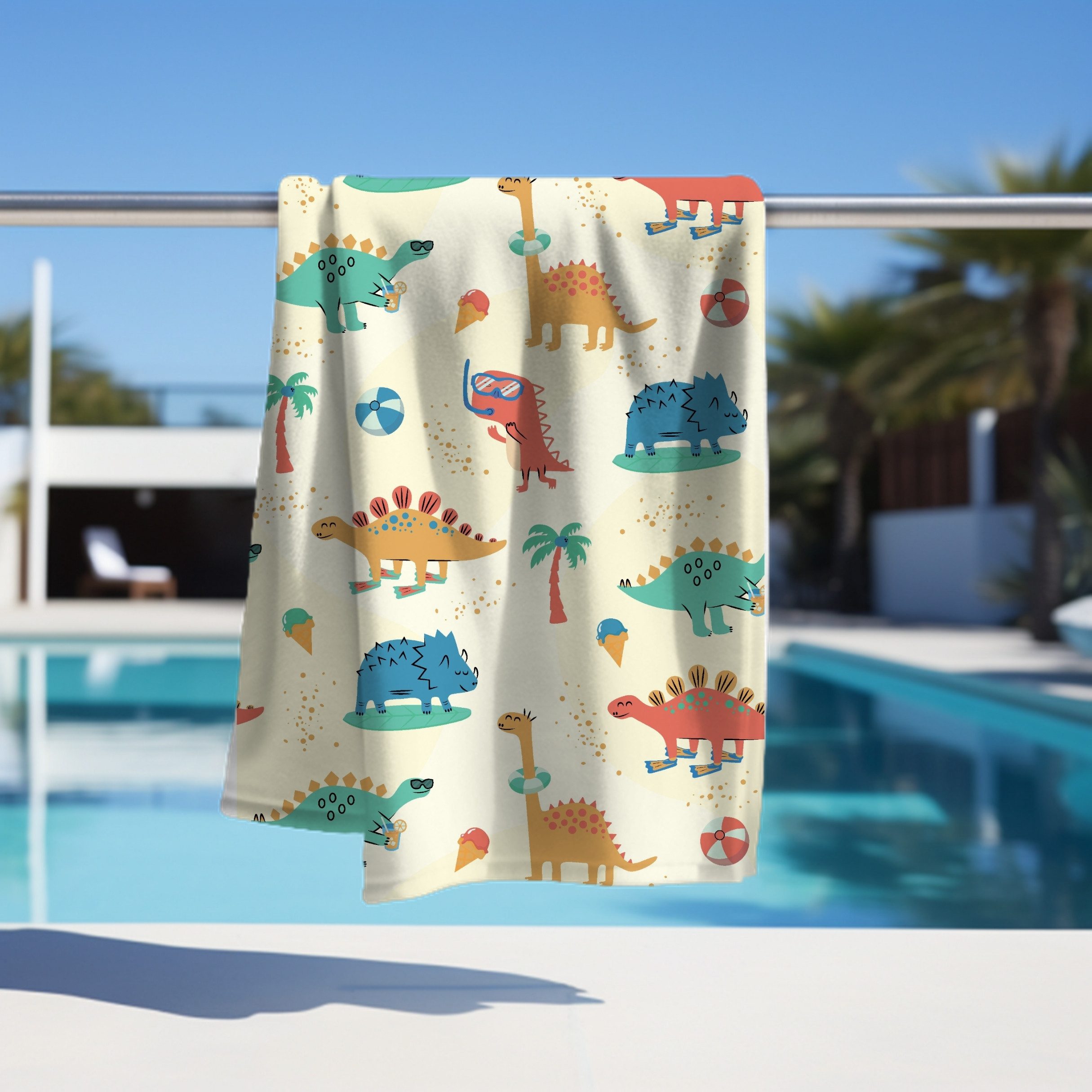 MTOnlinehandel Strandtuch Kinder • 70x140 cm • Schnelltrocknend, Baumwolle & Mikrofaser Mix (1-St), Badetuch • Weich & Saugfähig • Strand • Meer • Dino