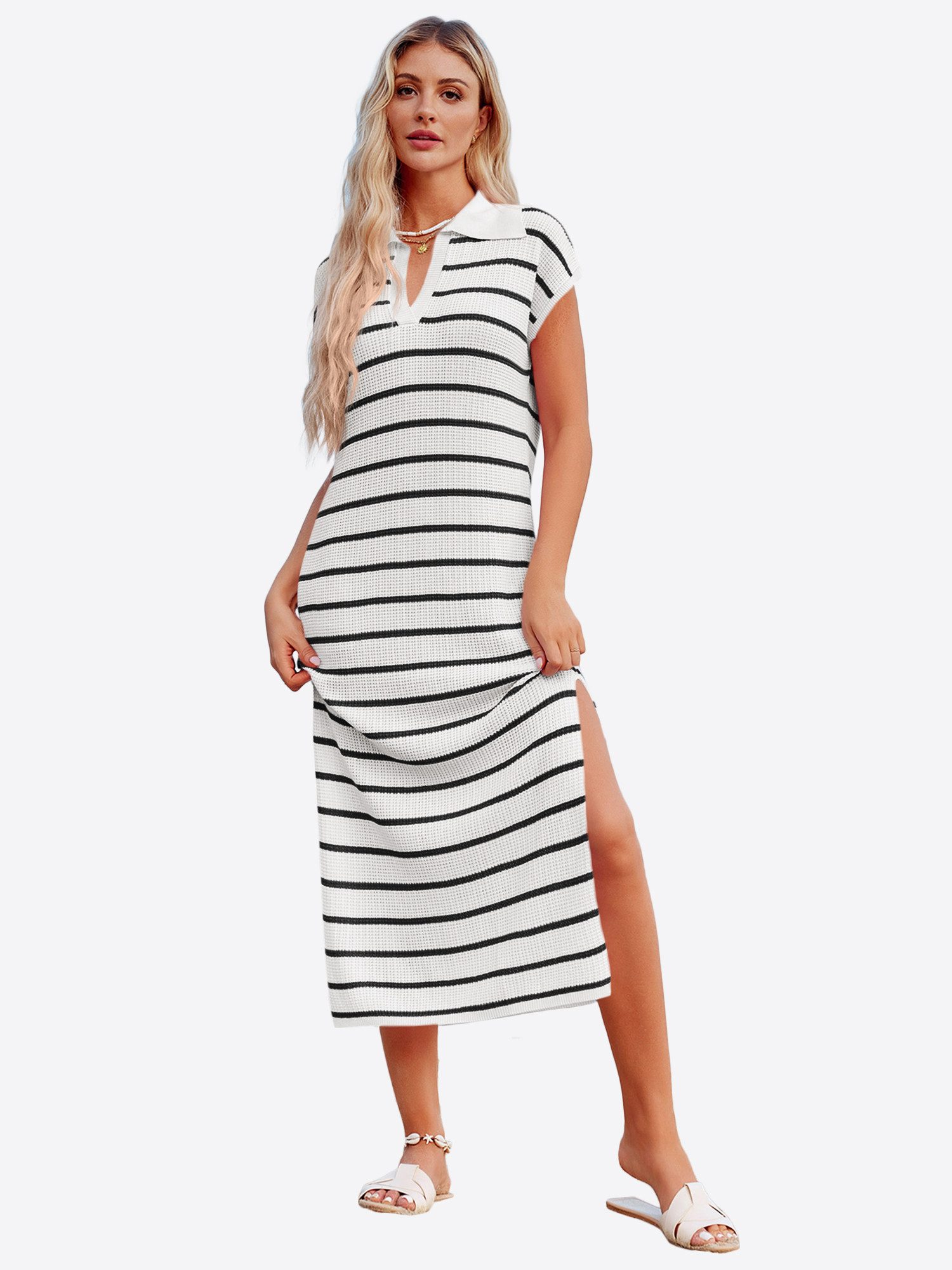 Imily Bela Strickkleid Damen Gestreiftes Kleid mit V-Ausschnitt (Packung, 1-tlg., 1per-Pack) Seitenschlitze