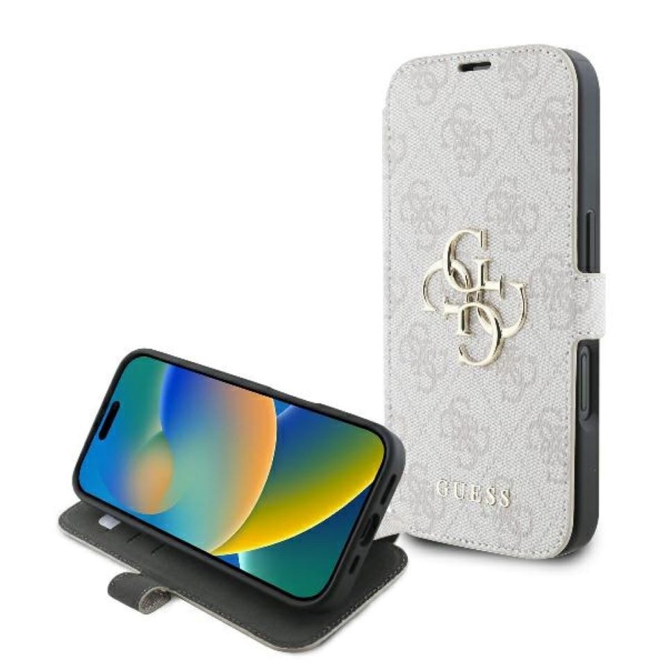 Guess Handyhülle Bookcase iPhone 16 Plus rosa Logo goldfarben aufstellbar 6,7 Zoll, Kantenschutz