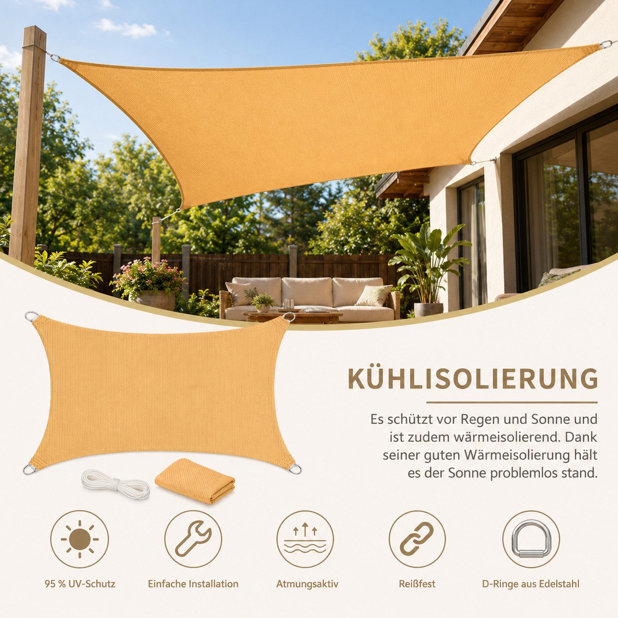 Sunicol Sonnensegel Wasserdicht Sonnenschutz, 95% UV-Schutz, Windschutz HDPE Gewebe, Atmungsaktiv, Robust & Stabil für Außenbereich Garten Balkon Terrasse – Bild 4 von 5