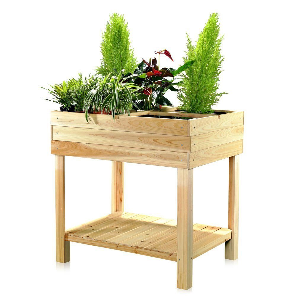 Melko Hochbeet Gartenbeet Hochbeet 4 Fächer Holz 80x60x80 cm Pflanzkasten Gemüsebeet (Stück), Mit Ablage