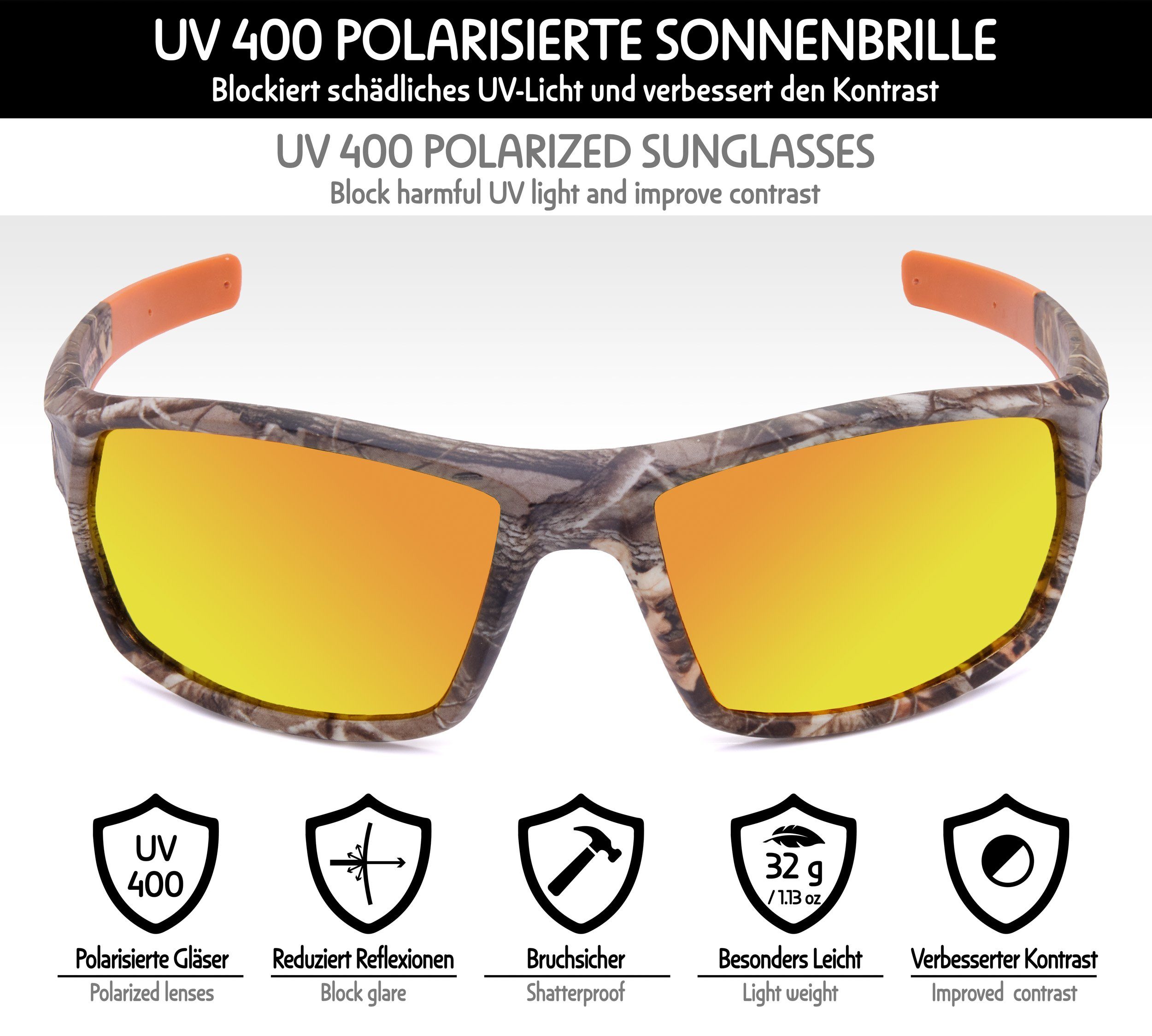 und für mit Orange Sonnengläser UV-Schutz Camouflage Sonnenbrille Polarisierte Outdooraktivitäten BRUBAKER Indoor- Brille