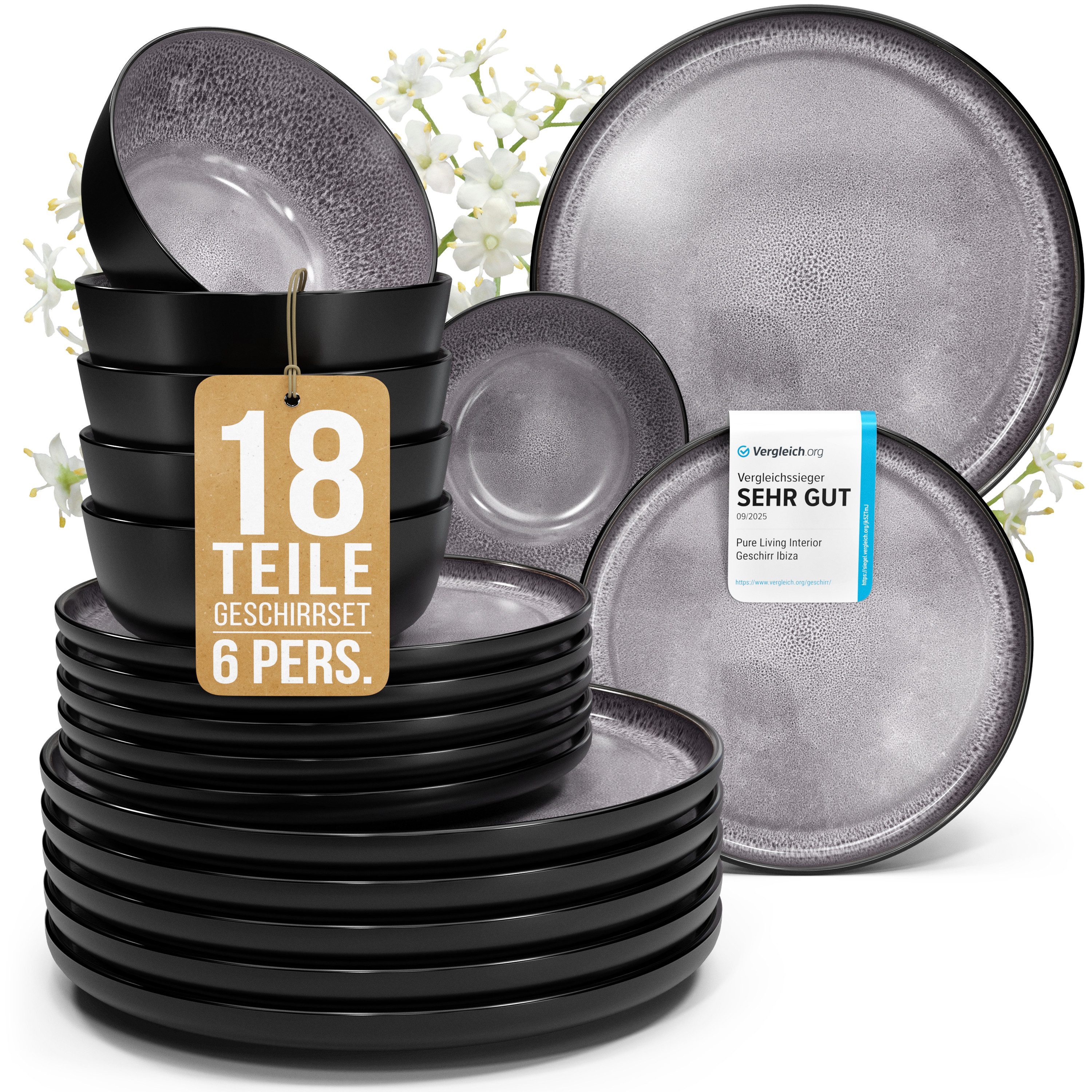 PURE LIVING INTERIOR DESIGN Geschirr-Set Ibiza aus Steingut, 18-tlg., für 6 Personen, Grau (18-tlg), 6 Personen, Steingut