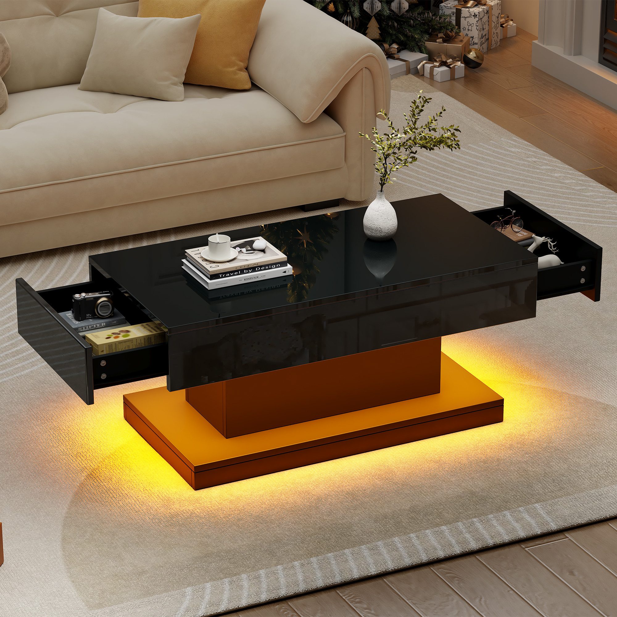 MODFU Couchtisch Couchtisch (Satztisch, Sofatisch, 1-St., 2 Schubladen, 100*50*45cm), mit LED-Lichtleiste