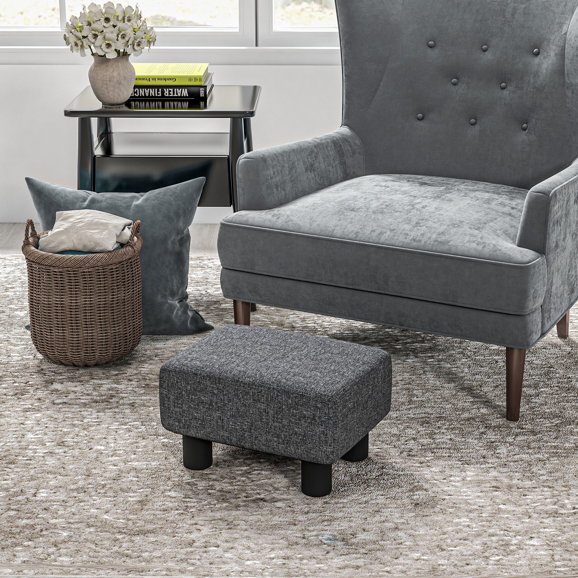 HOMCOM Fußhocker Sitzhocker Hocker mit Leinenoptik Moderner für Schlafzimmer (Moderner Polsterhocker, 1 St., Ottomane für Schlafzimmer, Wohnzimmer), 40 x 30 x 24 cm, Dunkelgrau