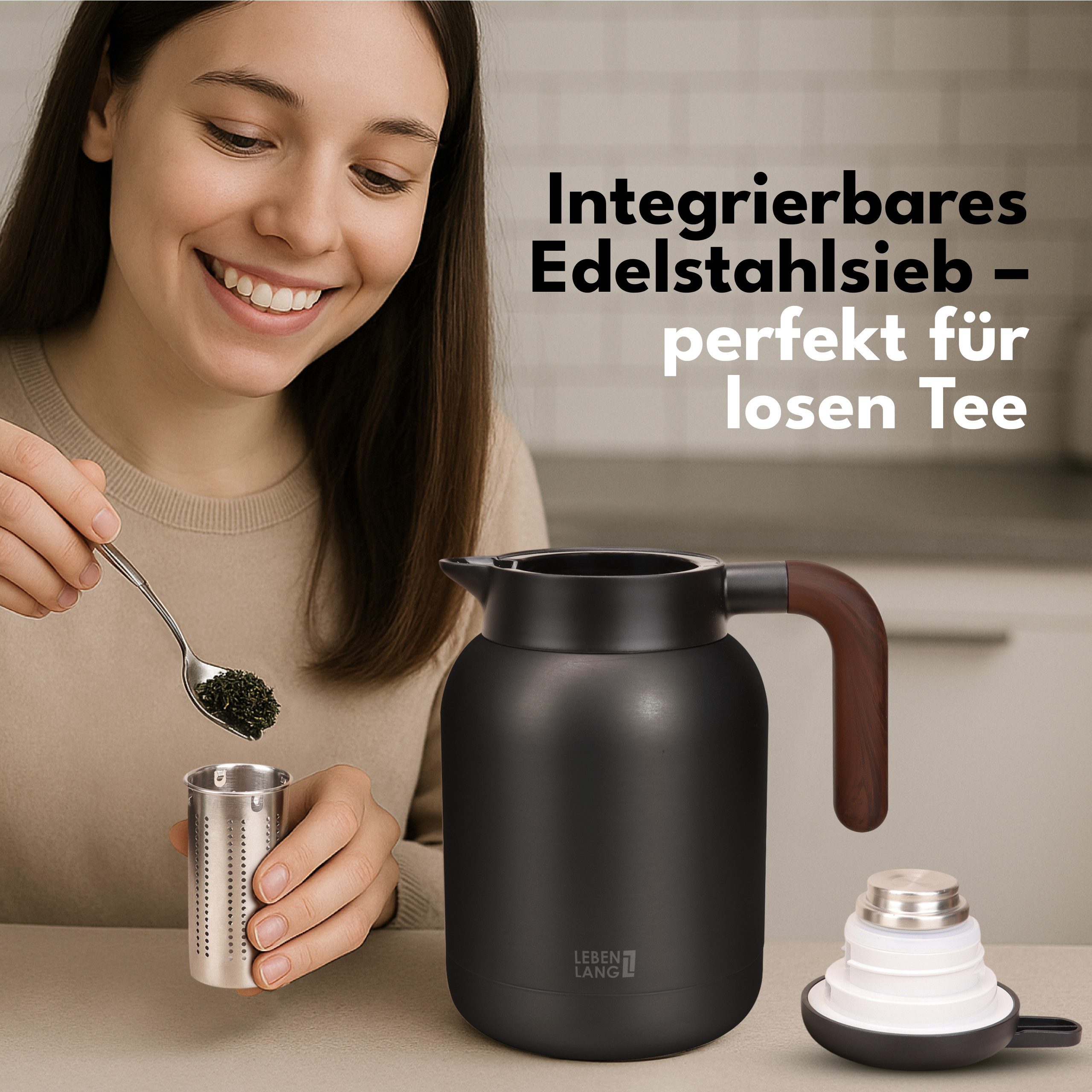 Lebenlang Isolierkanne 1,5L Thermoskanne inkl. Teesieb - Kaffee & Tee - Heiß & Kalt, 1.5 l, Innenwand aus Keramikbeschichtung, Auslaufsicher, Drehdeckel