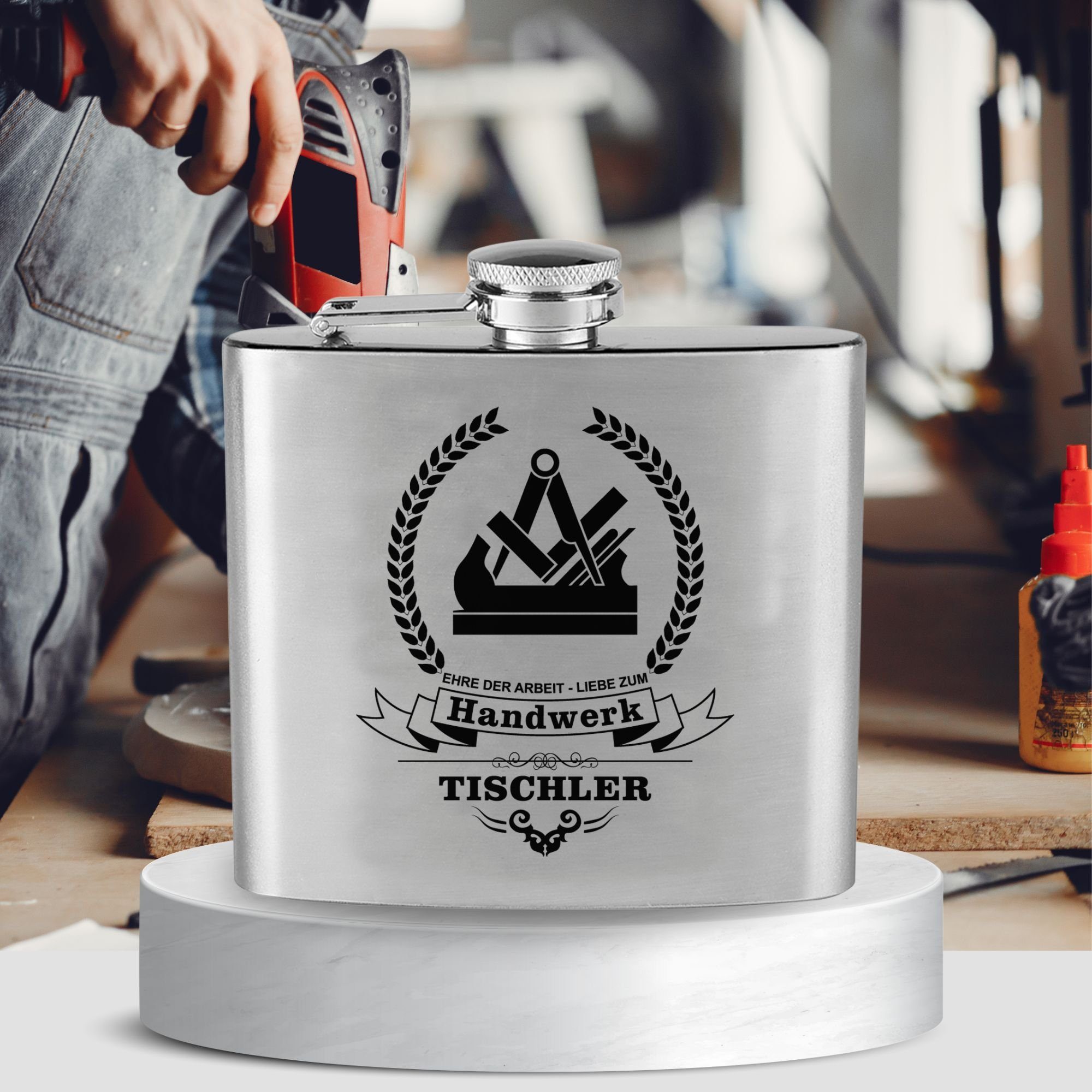 Lasernauten Flachmann Edelstahl Flachmann 170 ml mit Gravur Tischler Handwerk Zunft Zünfte, Edelstahl