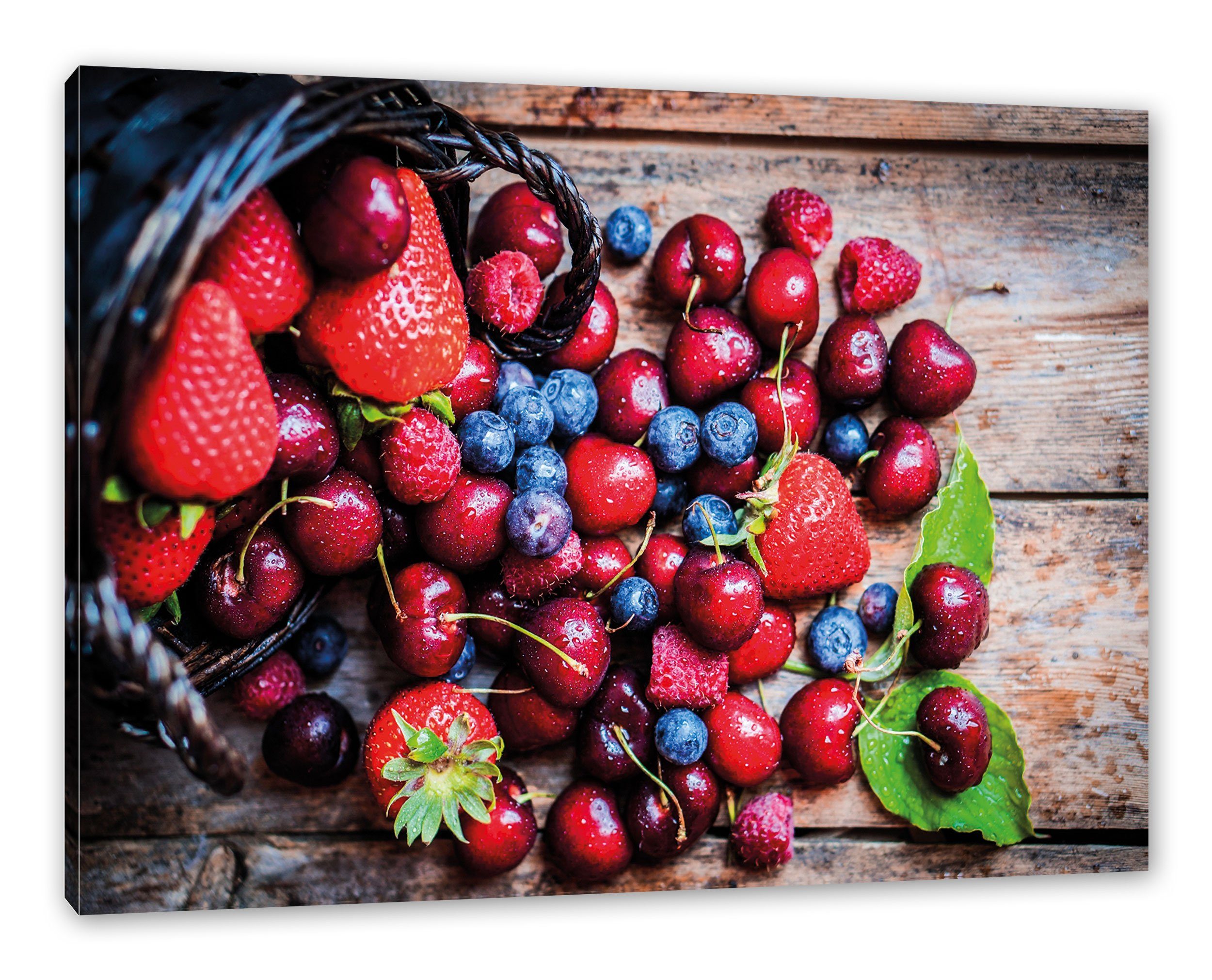 Pixxprint Leinwandbild Beerenfrüchte auf Holzdielen, Beerenfrüchte auf Holzdielen (1 St), Leinwandbild fertig bespannt, inkl. Zackenaufhänger | Leinwandbilder