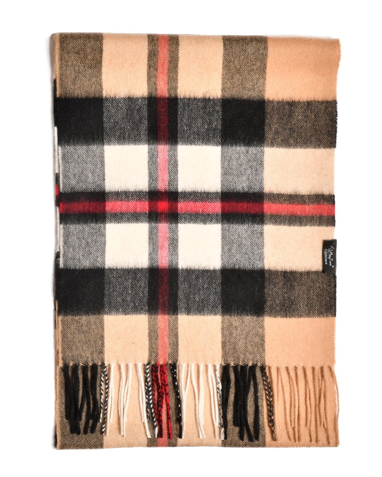 Fransen, 30cm, Unisex, 180 1-St), mit Kaschmirschal 100% Tartan MayTree (Stück, x Rot, Camel Kaschmir